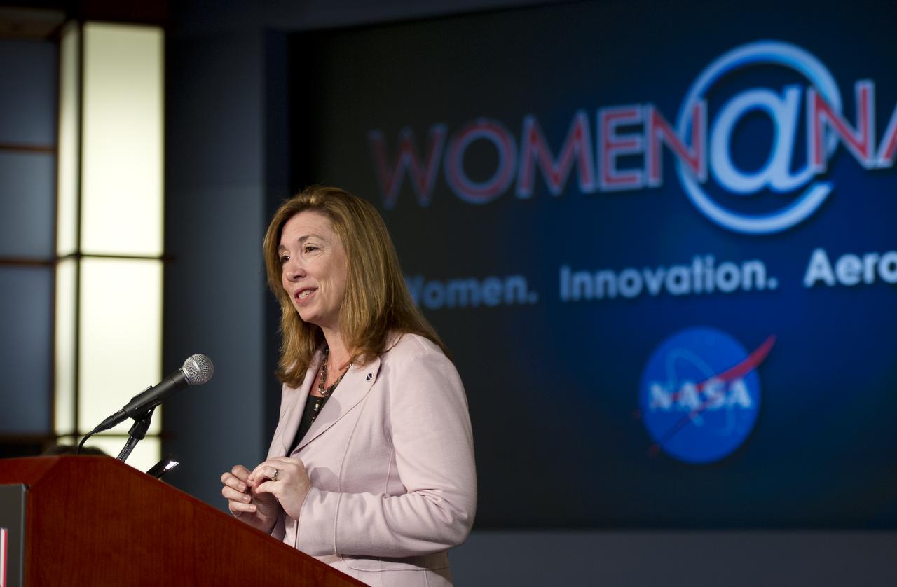 NASA Deputy Administrator, Lori Garver, gives the keynote address at the Women, Innovation and Aerospace event celebrating Women's History Month at the George Washington University Jack Morton Auditorium, Thursday, March 8, 2012 in Washington.  The WIA day-long event will help to foster a discussion for students and early career professionals about how to continue to encourage women to enter and succeed in the field of aerospace.  Photo Credit:  (NASA/Carla Cioffi)