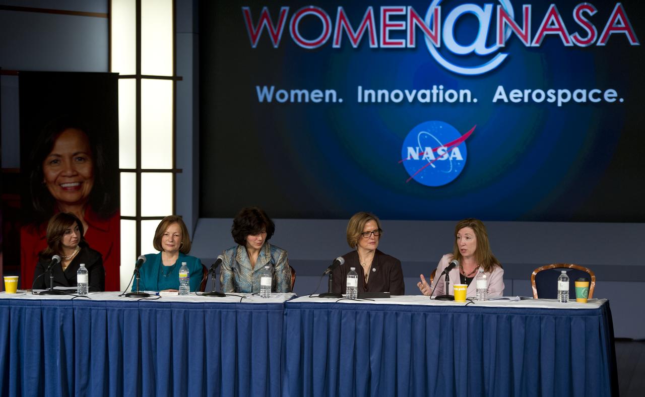 Lori Garver (far right) NASA Deputy Administrator, participates in a panel discussion at the Women, Innovation and Aerospace event celebrating Women's History Month at the George Washington University Jack Morton Auditorium, Thursday, March 8, 2012 in Washington.  Garver is seen with Kathy Sullivan, NOAA Deputy Administrator; Catherine Didion, Senior Fellow, National Academy of Engineering; Marcia Smith, President, spacepolicyonline.com and Veronica Villalobos, Director, Office of Diversity and Inclusion, Office of Personnel Management (far left).  The WIA day-long event will help to foster a discussion for students and early career professionals about how to continue to encourage women to enter and succeed in the field of aerospace.  Photo Credit:  (NASA/Carla Cioffi)