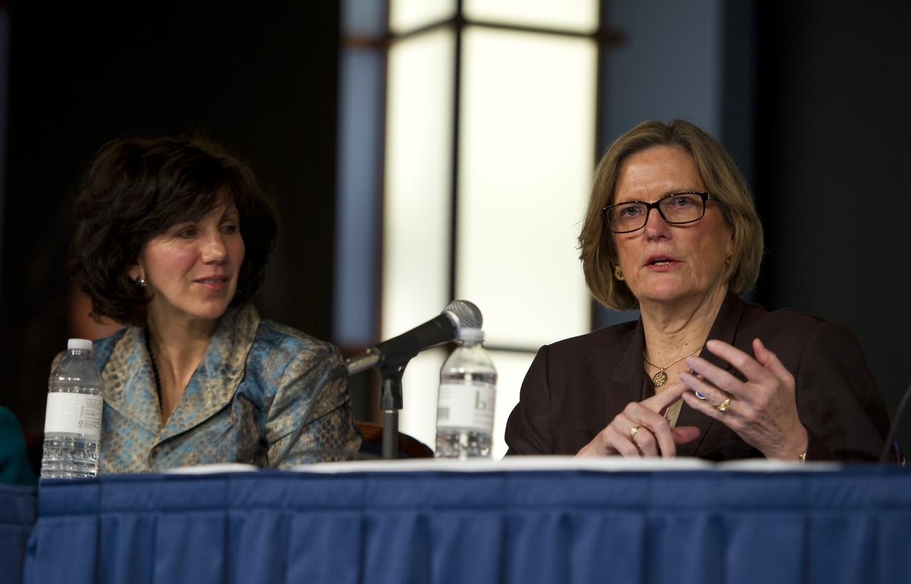 Kathy Sullivan, right, NOAA (National Oceanic and Atmospheric Administration) Deputy Administrator and former NASA astronaut, participates in a panel discussion at the Women, Innovation and Aerospace event celebrating Women's History Month at the George Washington University Jack Morton Auditorium, Thursday, March 8, 2012 in Washington.  Sullivan is joined by Catherine Didion, Senior Fellow, National Academy of Engineering.  The WIA day-long event will help to foster a discussion for students and early career professionals about how to continue to encourage women to enter and succeed in the field of aerospace.  Photo Credit:  (NASA/Carla Cioffi)
