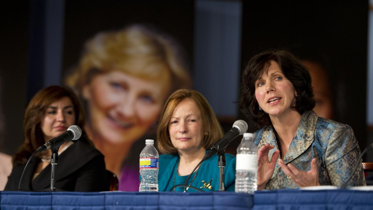 Catherine Didion, far right, Senior Fellow, National Academy of Engineering, participates in a panel discussion at the Women, Innovation and Aerospace event celebrating Women's History Month at the George Washington University Jack Morton Auditorium, Thursday, March 8, 2012 in Washington.  Didion is joined by Marcia Smith, President, Space Policy Online.com, and Veronica Villalobos, Director, Office of Diversity and Inclusion, Office of Personnel Management, far left.  The WIA day-long event will help to foster a discussion for students and early career professionals about how to continue to encourage women to enter and succeed in the field of aerospace.  Photo Credit:  (NASA/Carla Cioffi)