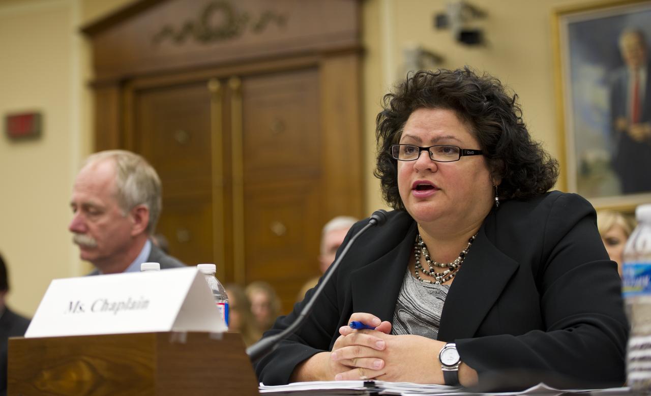 Cristina Chaplain, director, Acquisition and Sourcing Management, U.S. Government Accountability Office testifies during a hearing before the House Committee on Science, Space, and Technology regarding access to and sustainability of the International Space Station, Wednesday, March 28, 2012 at the Rayburn House Office Building in Washington.  Photo Credit:  (NASA/Carla Cioffi)