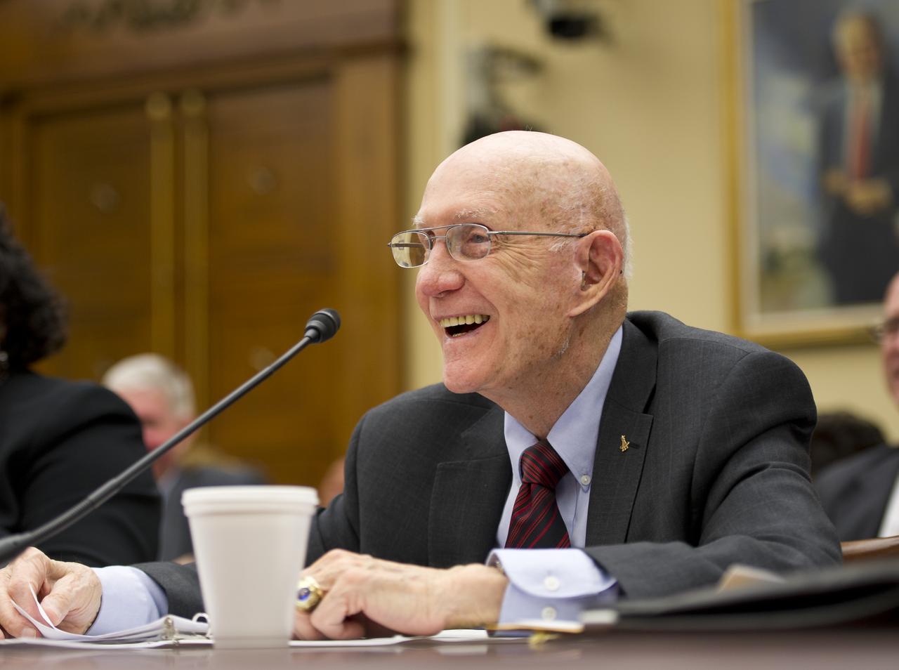 Retired astronaut Lt. Gen. Thomas Stafford testifies during a hearing before the House Committee on Science, Space, and Technology regarding access to and sustainability of the International Space Station, Wednesday, March 28, 2012 at the Rayburn House Office Building in Washington.  Photo Credit:  (NASA/Carla Cioffi)
