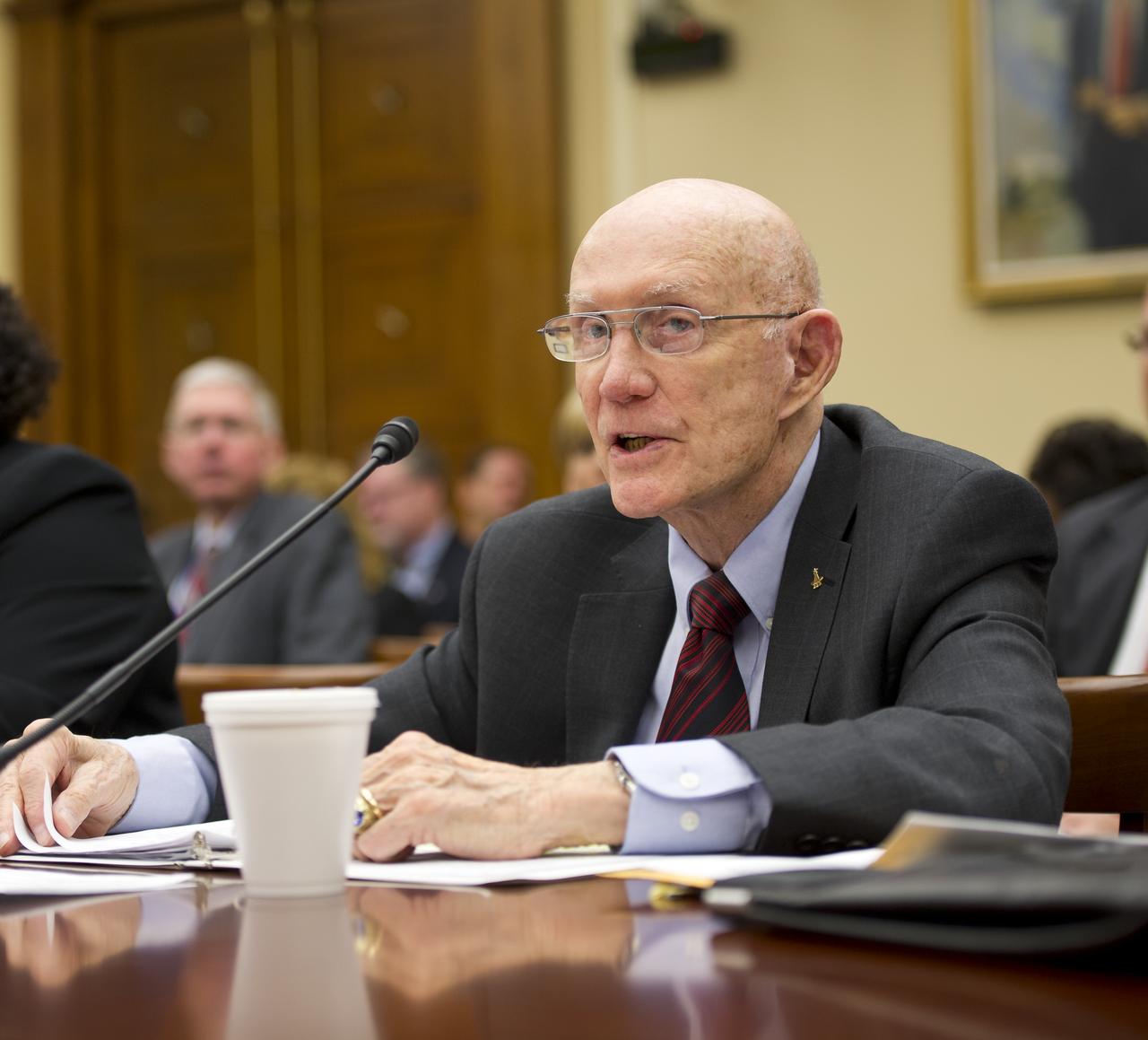 Retired astronaut Lt. Gen. Thomas Stafford testifies during a hearing before the House Committee on Science, Space, and Technology regarding access to and sustainability of the International Space Station, Wednesday, March 28, 2012 at the Rayburn House Office Building in Washington.  Photo Credit:  (NASA/Carla Cioffi)