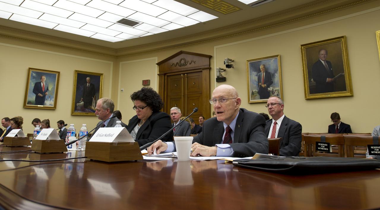 Retired astronaut Lt. Gen. Thomas Stafford testifies during a hearing before the House Committee on Science, Space, and Technology regarding access to and sustainability of the International Space Station, Wednesday, March 28, 2012 at the Rayburn House Office Building in Washington.  Photo Credit:  (NASA/Carla Cioffi)