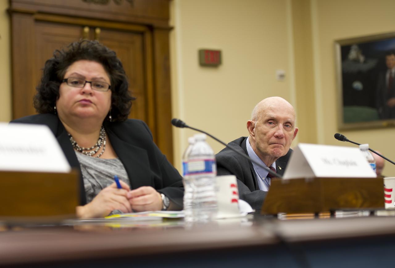 Retired astronaut Lt. Gen. Thomas Stafford, right, and Cristina Chaplain, director, Acquisition and Sourcing Management, U.S. Government Accountability Office listen during a hearing before the House Committee on Science, Space, and Technology regarding access to and sustainability of the International Space Station, Wednesday, March 28, 2012 at the Rayburn House Office Building in Washington.  Photo Credit:  (NASA/Carla Cioffi)