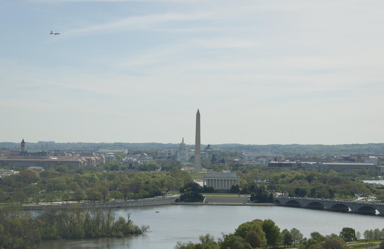 A NASA T-38 training jet is seen as it flies at 1500 feet over Washington, DC, Thursday, April 5, 2012.  NASA, in cooperation with the Federal Aviation Administration, conducted training and photographic flights over the DC metropolitan area.  T-38 aircraft have been used for astronaut training for more than 30 years as they allow pilots and mission specialists to think quickly in changing situations, mental experiences the astronauts say are critical to practicing for the rigors of spaceflight.  Photo Credit:  (NASA/Carla Cioffi)