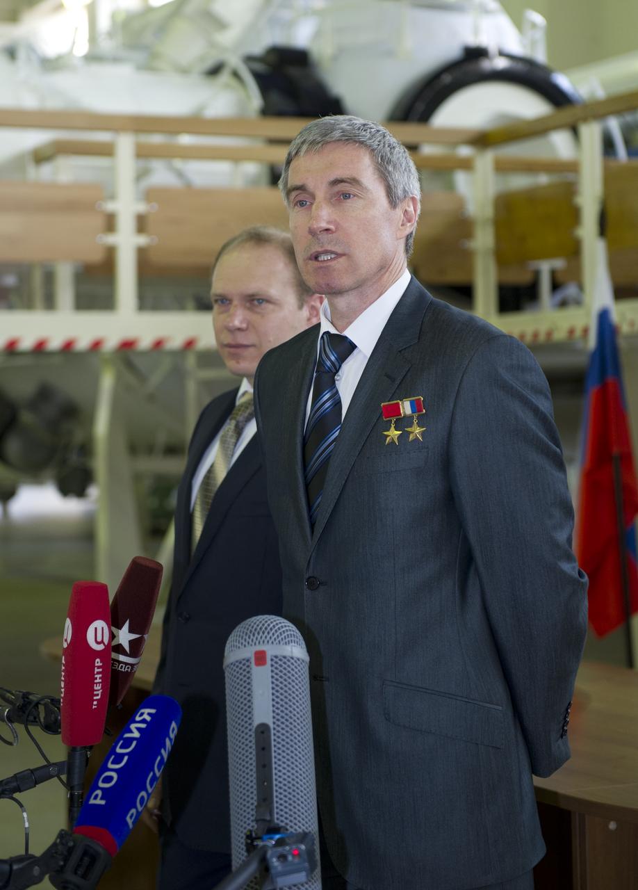 Sergei Krikalev, Director of the Gagarin Cosmonaut Training Center, answers a reporter's question, Monday, April 23, 2012 in Star City, Russia.  Krikalev is joined by Oleg Kotov, Deputy Director, GCTC.  Photo Credit:  (NASA/Carla Cioffi)