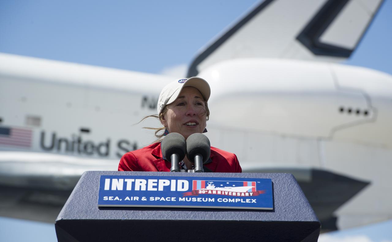 NASA Deputy Administrator Lori Garver speaks Friday, April 27, 2012, during the transfer ceremony for space shuttle Enterprise at John F. Kennedy Airport in New York. Enterprise was the first shuttle orbiter built for NASA performing test flights in the atmosphere and was incapable of spaceflight. Originally housed at the Smithsonian's Steven F. Udvar-Hazy Center, Enterprise will be demated from the SCA and placed on a barge that will eventually be moved by tugboat up the Hudson River to the Intrepid Sea, Air & Space Museum in June. Photo Credit: (NASA/Paul E. Alers)
