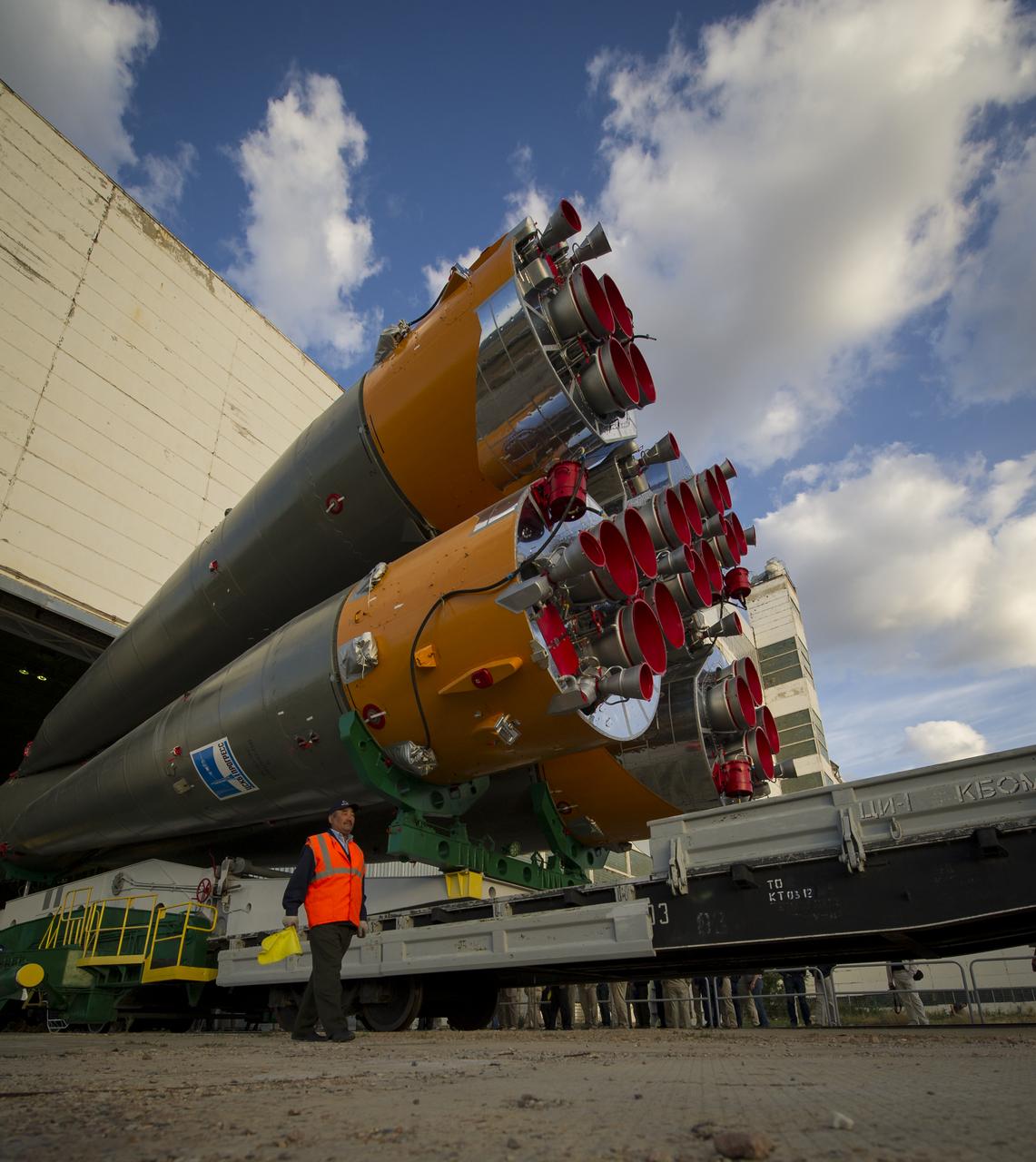 The Soyuz TMA-04M spacecraft is rolled out by train on its way to the launch pad at the Baikonur Cosmodrome in Kazakhstan, Sunday, May 13, 2012. The launch of the Soyuz spacecraft with Expedition 31 Soyuz Commander Gennady Padalka and Flight Engineer Sergei Revin of Russia, and prime NASA Flight Engineer Joe Acaba is scheduled for 9:01 a.m. local time on Tuesday, May 15. Photo Credit (NASA/Bill Ingalls)