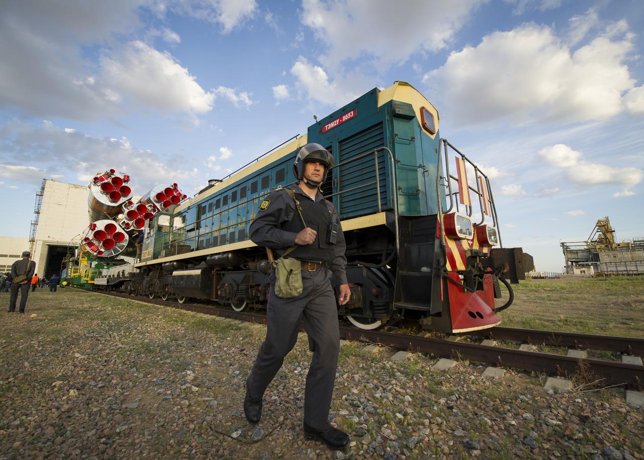 The Soyuz TMA-04M spacecraft is rolled out by train on its way to the launch pad at the Baikonur Cosmodrome in Kazakhstan, Sunday, May 13, 2012. The launch of the Soyuz spacecraft with Expedition 31 Soyuz Commander Gennady Padalka and Flight Engineer Sergei Revin of Russia, and prime NASA Flight Engineer Joe Acaba is scheduled for 9:01 a.m. local time on Tuesday, May 15. Photo Credit (NASA/Bill Ingalls)