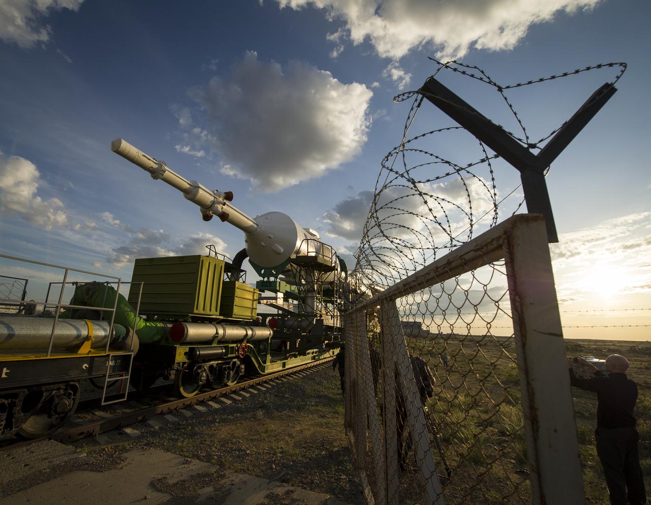 The Soyuz TMA-04M spacecraft is rolled out by train on its way to the launch pad at the Baikonur Cosmodrome in Kazakhstan, Sunday, May 13, 2012. The launch of the Soyuz spacecraft with Expedition 31 Soyuz Commander Gennady Padalka and Flight Engineer Sergei Revin of Russia, and prime NASA Flight Engineer Joe Acaba is scheduled for 9:01 a.m. local time on Tuesday, May 15. Photo Credit (NASA/Bill Ingalls)