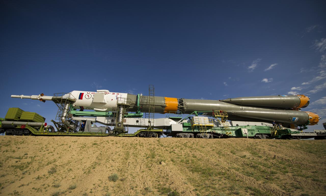 The Soyuz TMA-04M spacecraft is rolled out by train to the launch pad at the Baikonur Cosmodrome in Kazakhstan, Sunday, May 13, 2012. The launch of the Soyuz spacecraft with Expedition 31 Soyuz Commander Gennady Padalka and Flight Engineer Sergei Revin of Russia, and prime NASA Flight Engineer Joe Acaba is scheduled for 9:01 a.m. local time on Tuesday, May 15. Photo Credit (NASA/Bill Ingalls)