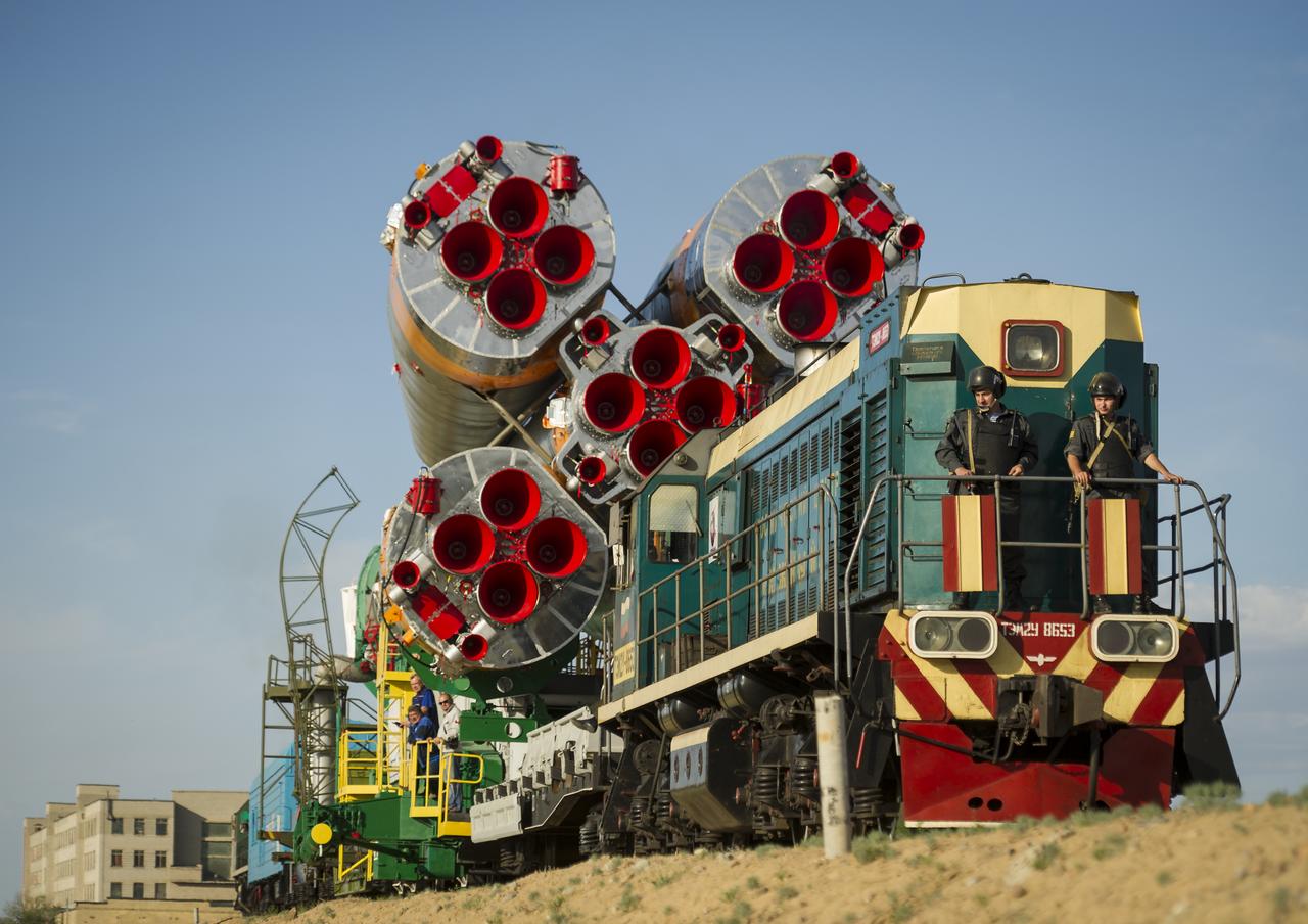 The Soyuz TMA-04M spacecraft is rolled out by train o the launch pad at the Baikonur Cosmodrome in Kazakhstan, Sunday, May 13, 2012. The launch of the Soyuz spacecraft with Expedition 31 Soyuz Commander Gennady Padalka and Flight Engineer Sergei Revin of Russia, and prime NASA Flight Engineer Joe Acaba is scheduled for 9:01 a.m. local time on Tuesday, May 15. Photo Credit (NASA/Bill Ingalls)