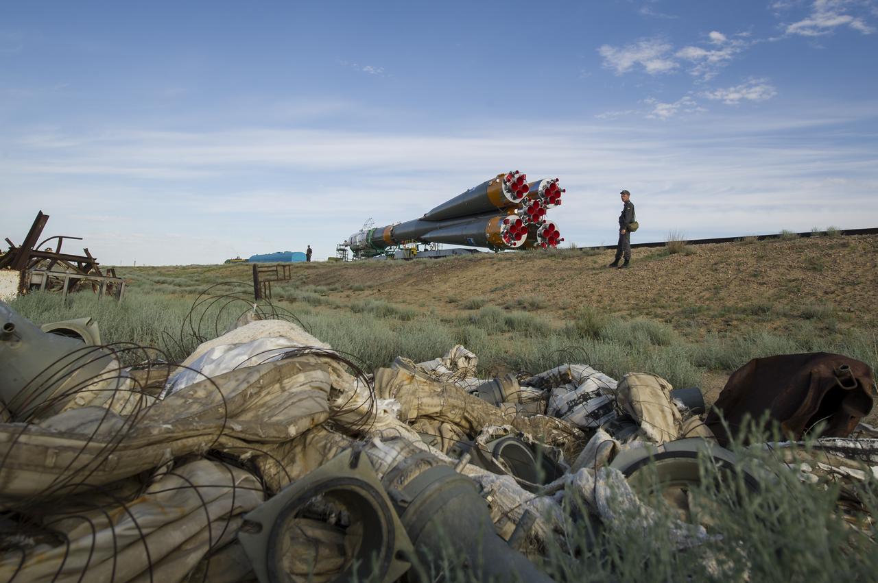 The Soyuz TMA-04M spacecraft is rolled out by train to the launch pad at the Baikonur Cosmodrome in Kazakhstan, Sunday, May 13, 2012. The launch of the Soyuz spacecraft with Expedition 31 Soyuz Commander Gennady Padalka and Flight Engineer Sergei Revin of Russia, and prime NASA Flight Engineer Joe Acaba is scheduled for 9:01 a.m. local time on Tuesday, May 15. Photo Credit (NASA/Bill Ingalls)