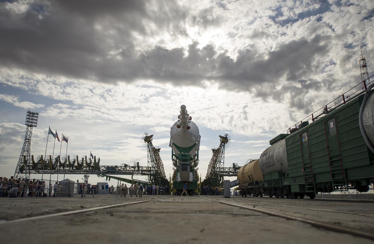 The Soyuz TMA-04M spacecraft is seen moments before being raised at launch pad one of the Baikonur Cosmodrome in Kazakhstan, Sunday, May 13, 2012. The launch of the Soyuz spacecraft with Expedition 31 Soyuz Commander Gennady Padalka and Flight Engineer Sergei Revin of Russia, and prime NASA Flight Engineer Joe Acaba is scheduled for 9:01 a.m. local time on Tuesday, May 15. Photo Credit (NASA/Bill Ingalls)