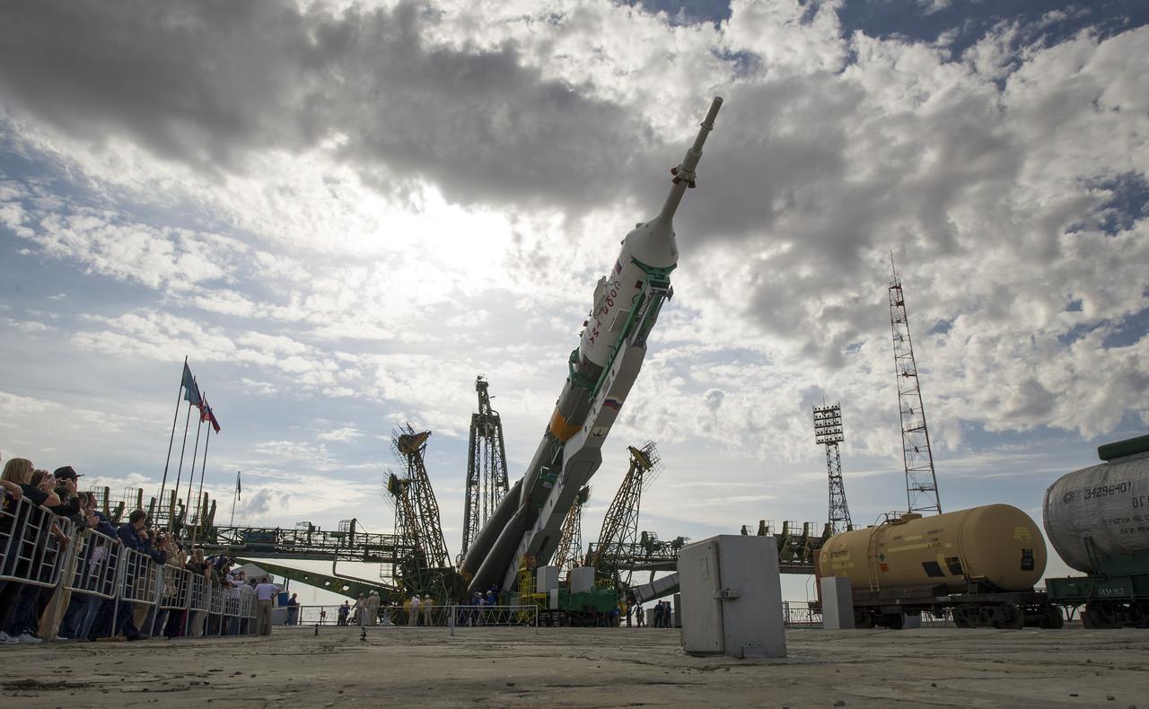 The Soyuz TMA-04M spacecraft is raised into position at launch pad ne, Sunday, May 13, 2012. at the Baikonur Cosmodrome in Kazakhstan. The launch of the Soyuz spacecraft with Expedition 31 Soyuz Commander Gennady Padalka and Flight Engineer Sergei Revin of Russia, and prime NASA Flight Engineer Joe Acaba is scheduled for 9:01 a.m. local time on Tuesday, May 15. Photo Credit (NASA/Bill Ingalls)