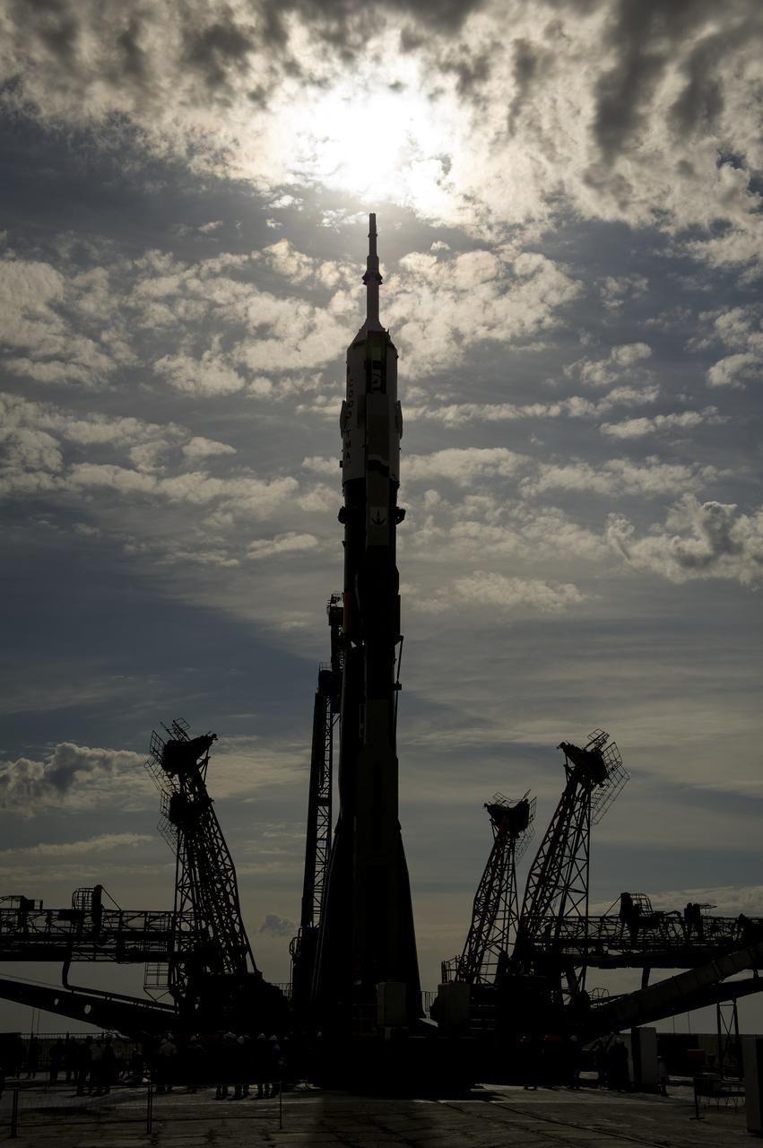 The Soyuz TMA-04M spacecraft is seen in silhouette after being rolled out by train to the launch pad at the Baikonur Cosmodrome in Kazakhstan, Sunday, May 13, 2012. The launch of the Soyuz spacecraft with Expedition 31 Soyuz Commander Gennady Padalka and Flight Engineer Sergei Revin of Russia, and prime NASA Flight Engineer Joe Acaba is scheduled for 9:01 a.m. local time on Tuesday, May 15. Photo Credit (NASA/Bill Ingalls)