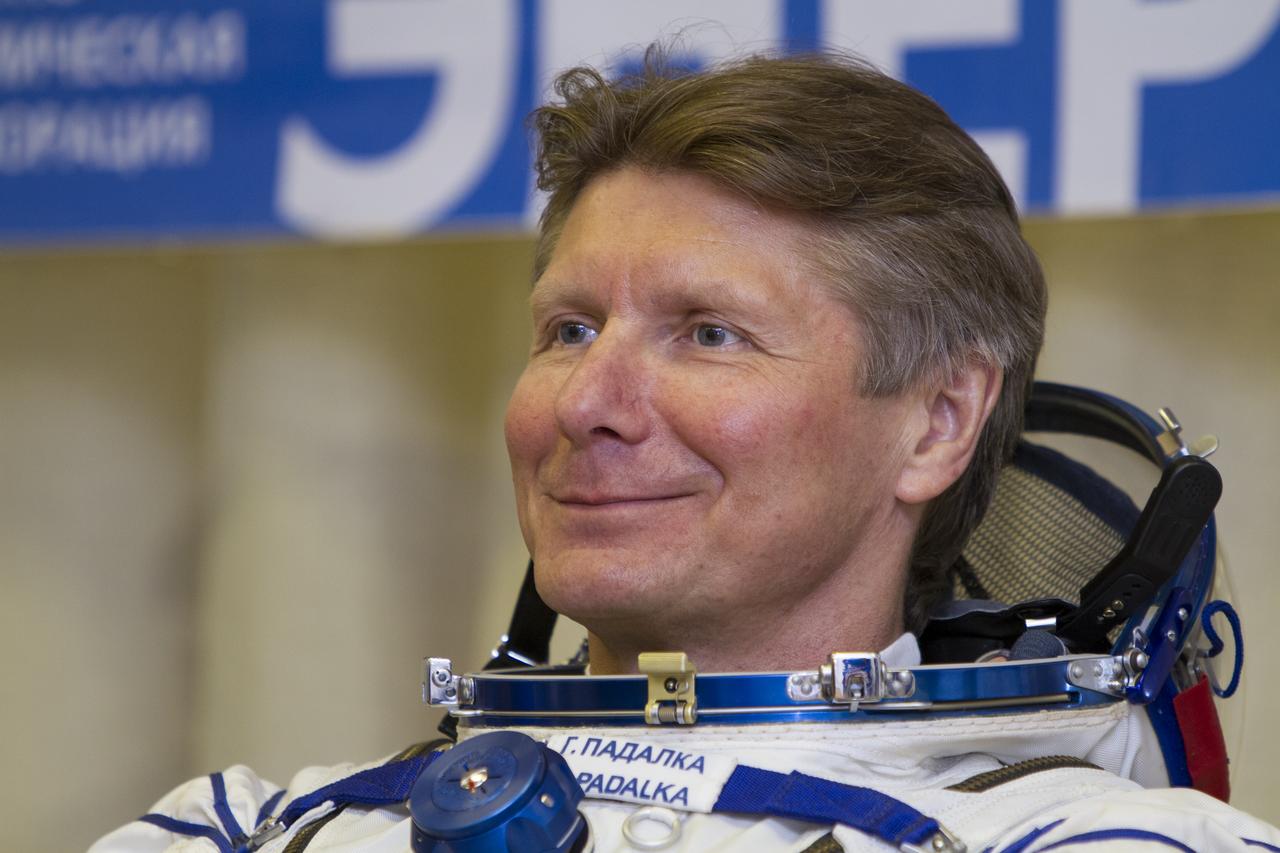 Expedition 31 Soyuz Commander Gennady Padalka smiles after having his Russian Sokol suit pressure checked in preparation for his launch onboard the Soyuz TMA-04M on Tuesday, May 15, 2012 at the Baikonur Cosmodrome in Kazakhstan. The Soyuz spacecraft with Padalka, Flight Engineer Sergei Revin, and Expedition 31 Flight Engineer Joe Acaba onboard, launched at 9:01 a.m. Kazakhstan time on Tuesday, May 15. Photo Credit: (NASA/GCTC/Andrey Shelepin)