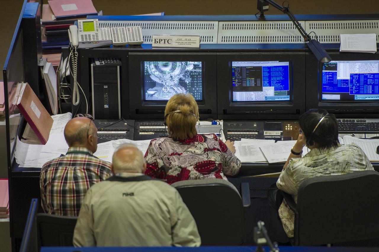 Russian flight controllers at the Russian Mission Control Center in Korolev, Russia monitor the Soyuz TMA-04M as it docks to the International Space Station on Thursday, May 17, 2012. Onboard the soyuz spacecraft are Expedition 31 Soyuz Commander Gennady Padalka, Flight Engineer Sergei Revin, and NASA Flight Engineer Joe Acaba.  The crew of three launched at 9:01 a.m. Kazakhstan time on Tuesday, May 15 from the Baikonur Cosmodrome in Kazakhstan.  Photo Credit (NASA/Bill Ingalls)