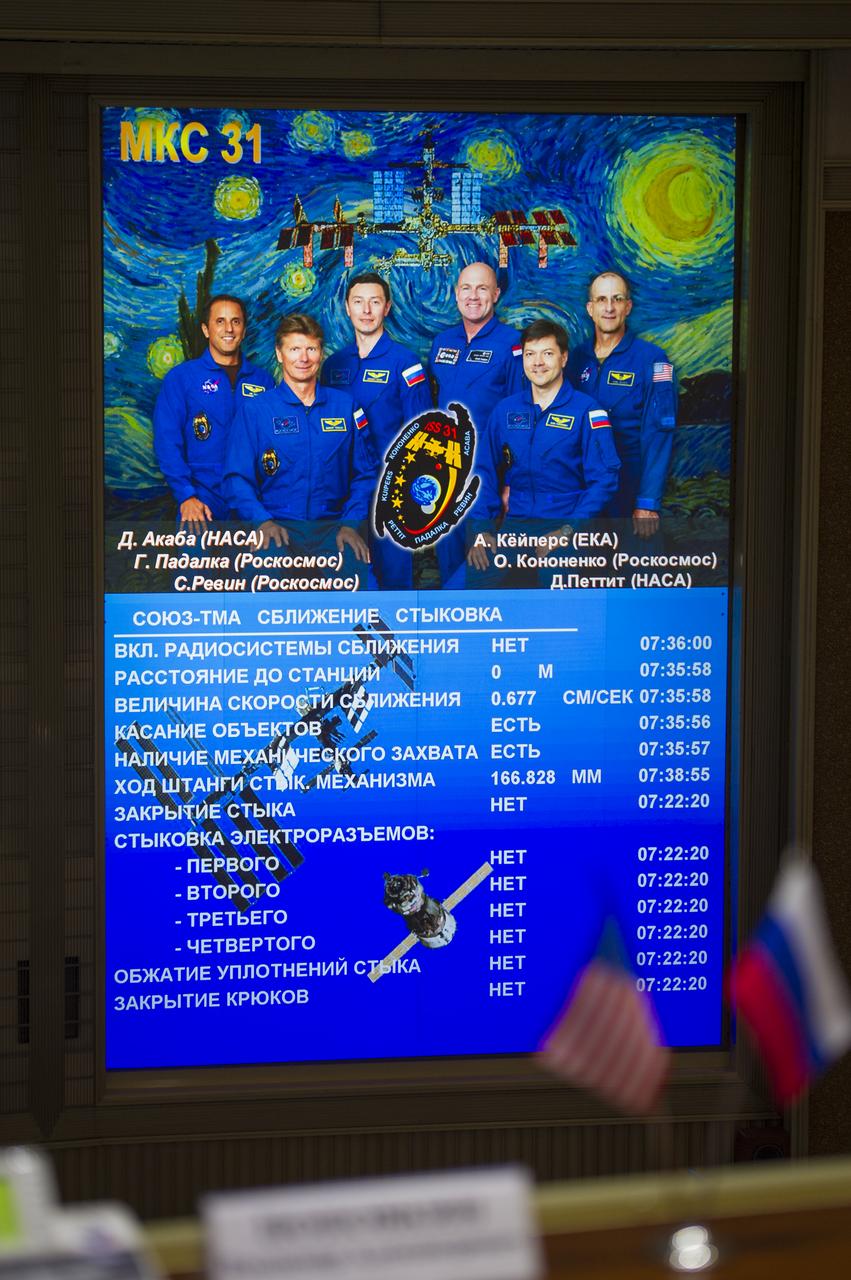View from the balcony of the Russian Mission Control Center shows the Expedition 31 crew portrait along with a timeline of Soyuz TMA-04M docking events on Thursday, May 17, 2012, in Korolev, Russia. The Soyuz docked to the International Space Station at 8:36 a.m. Moscow time with Expedition 31 Soyuz Commander Gennady Padalka, Flight Engineer Sergei Revin, and NASA Flight Engineer Joe Acaba two days after they launched from the Baikonur Cosmodrome in Kazakhstan.  Photo Credit (NASA/Bill Ingalls)