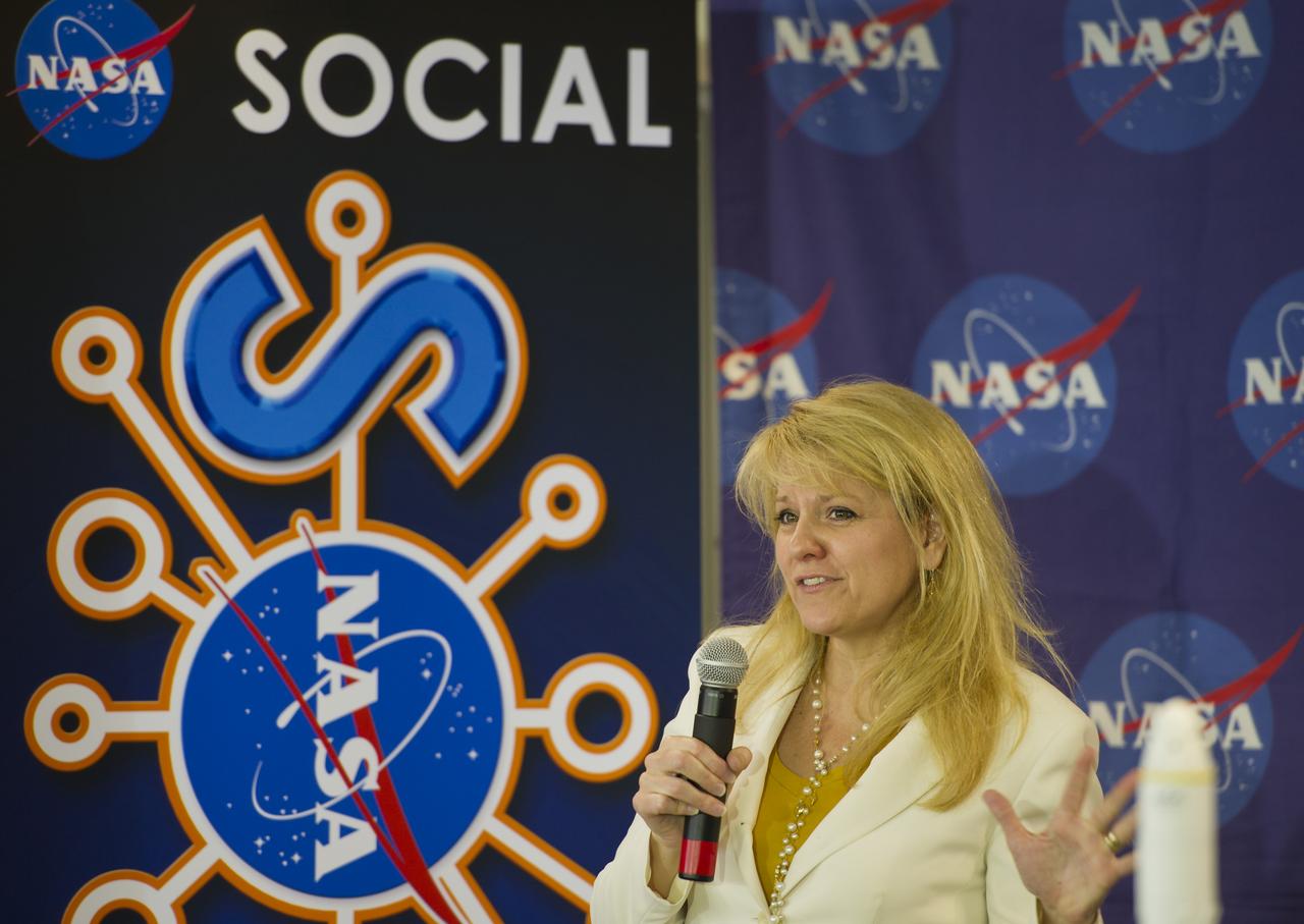 Gwynne Shotwell, President of SpaceX, speaks during a NASA Social, Friday, May 18, 2012, at Kennedy Space Center in Cape Canaveral, Fla. About 50 NASA Social followers attended an event as part of activities surrounding the launch of Space Exploration Technologies, or SpaceX, demonstration mission of the company's Falcon 9 rocket to the International Space Station. Photo Credit: (NASA/Paul E. Alers)