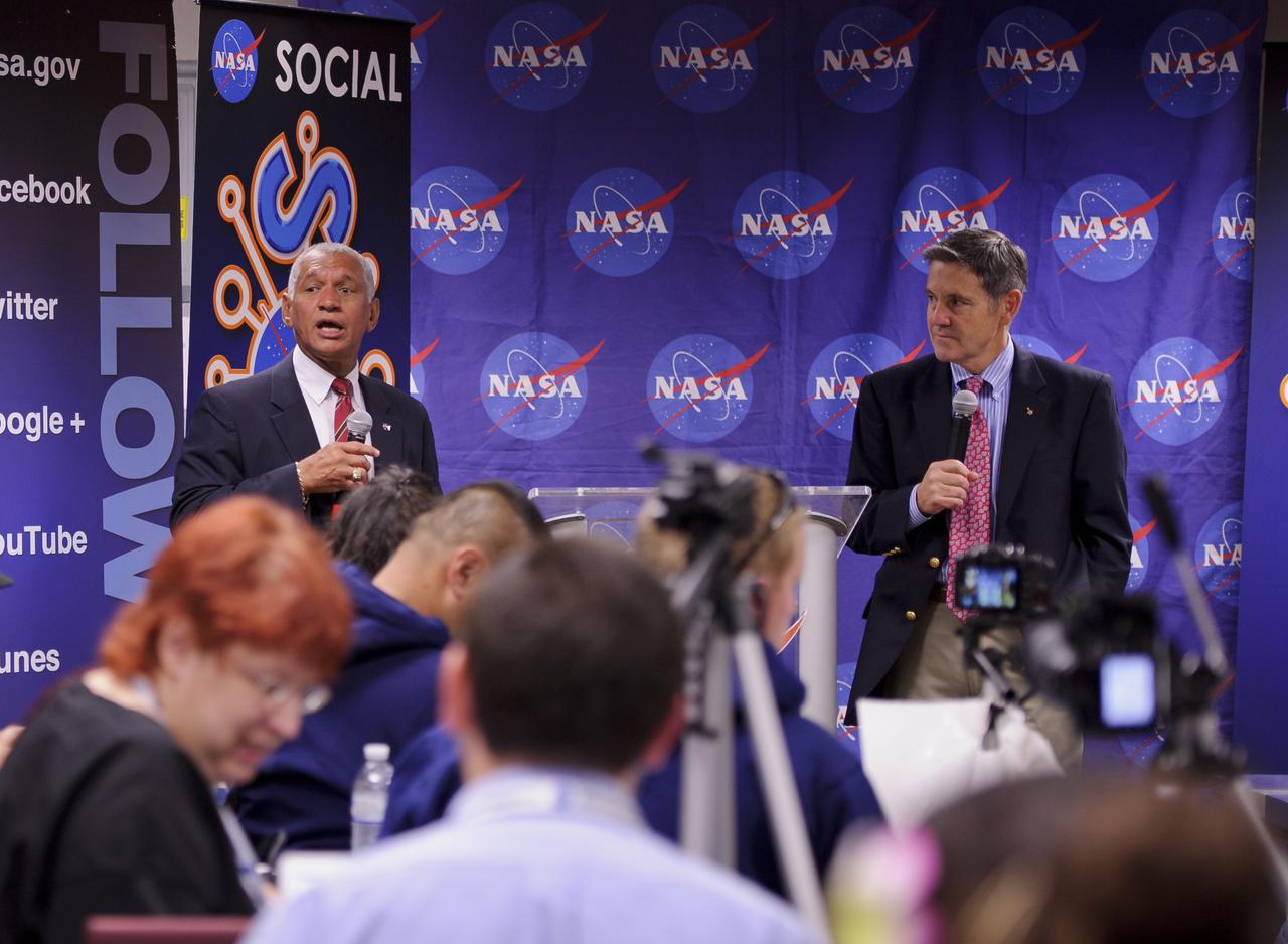 NASA Administrator Charles Bolden, left, and Kennedy Space Center director Robert Cabana appear at the NASA Social event, Friday morning, May 19, 2012, at Kennedy Space Center in Cape Canaveral, Fla. About 50 NASA Social followers attended an event as part of activities surrounding the launch of Space Exploration Technologies, or SpaceX, demonstration mission of the company's Falcon 9 rocket to the International Space Station. Photo Credit: (NASA/Paul E. Alers)