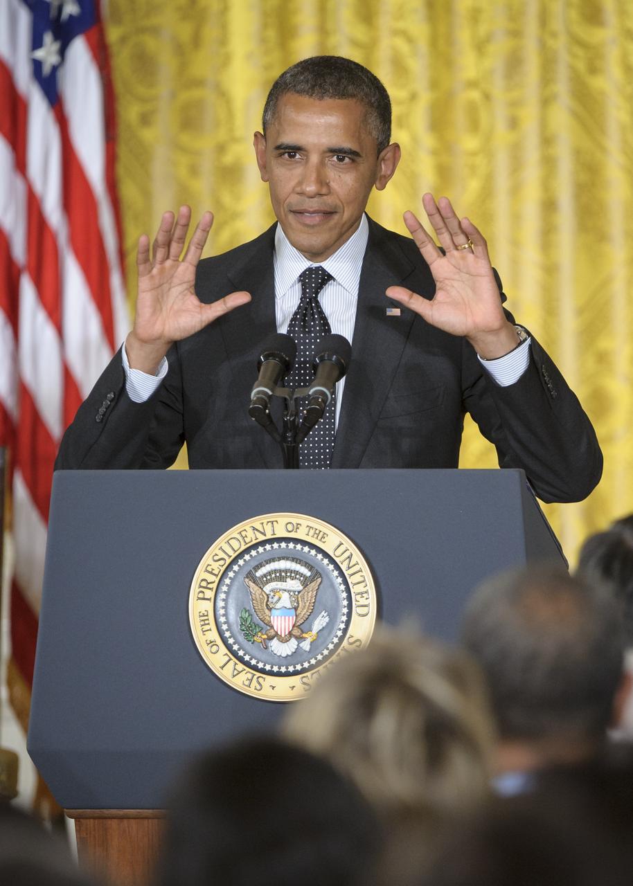 President Barack Obama talks to attendees during the Presidential Medal of Freedom ceremony, held on Tuesday, May 29, 2012, at the White House in Washington. One of the awardees was former United States Marine Corps pilot, astronaut, and United States Senator John Glenn.  Photo Credit: (NASA/Bill Ingalls)