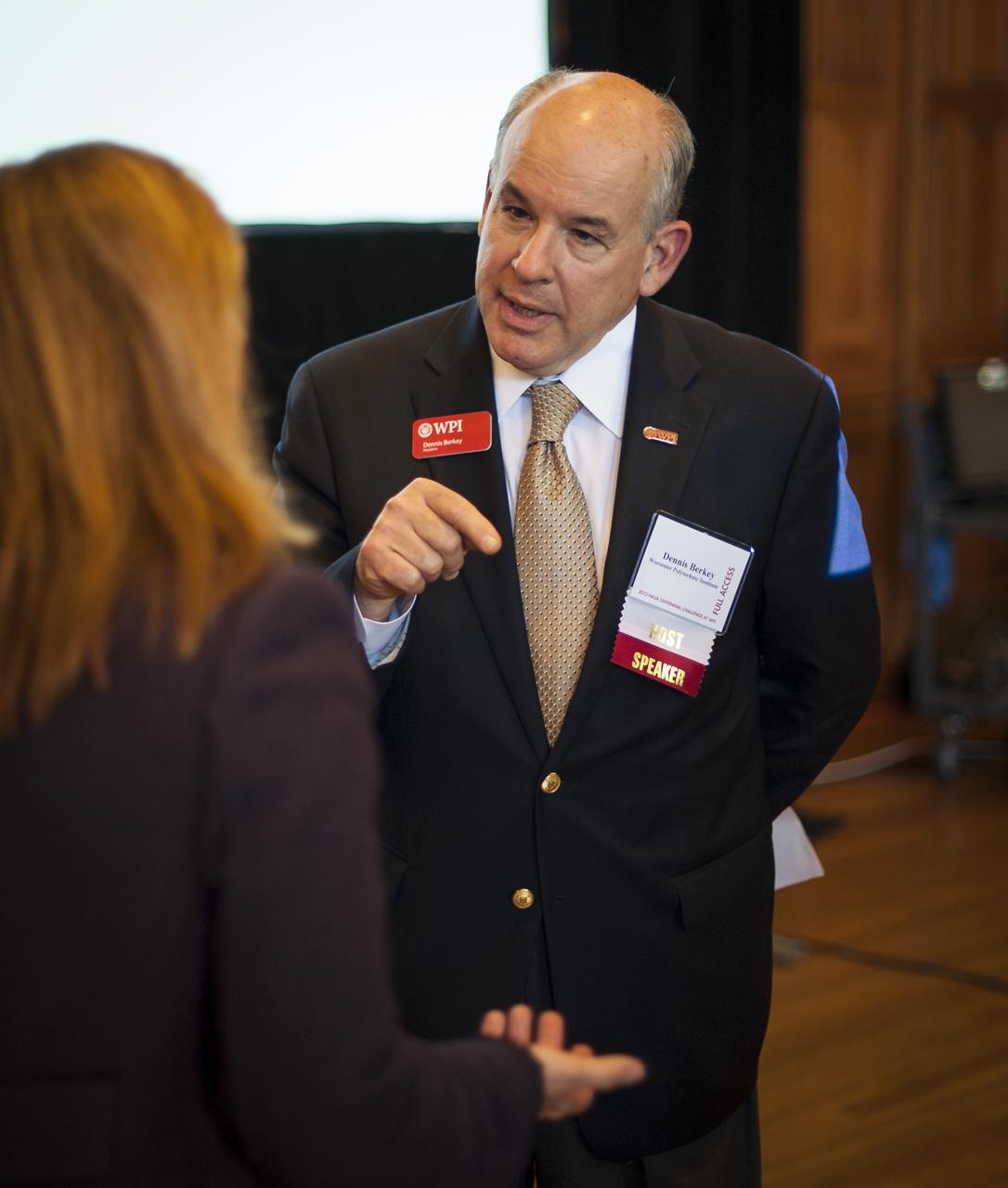 Worcester Polytechnic Institute (WPI) President Dennis Berkey talks to NASA Deputy Administrator Lori Garver prior to the kick off of the NASA-WPI Sample Return Robot Centennial Challenge on Saturday, June 16, 2012 at WPI in Worcester, Mass. Teams were challenged to build autonomous robots that can identify, collect and return samples.  NASA needs autonomous robotic capability for future planetary exploration. Photo Credit: (NASA/Bill Ingalls)