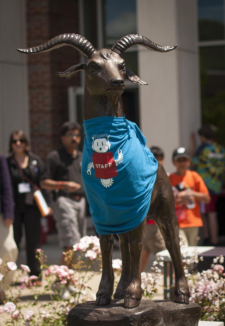 The bronze statue of the goat mascot for Worcester Polytechnic Institute (WPI) named "Gompei" is seen wearing a staff t-shirt for the "TouchTomorrow" education and outreach event that was held in tandem with the NASA-WPI Sample Return Robot Centennial Challenge on Saturday, June 16, 2012 in Worcester, Mass. The challenge tasked robotic teams to build autonomous robots that can identify, collect and return samples. NASA needs autonomous robotic capability for future planetary exploration. Photo Credit: (NASA/Bill Ingalls)