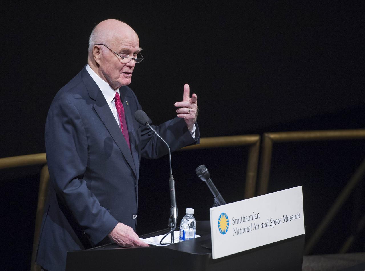 Former United States Marine Corps pilot, astronaut, and United States Sen. John Glenn speaks to those in attendance as he introduces NASA Administrator Charles Bolden as the speaker for the 2012 John H. Glenn Lecture in Space History, Wednesday evening, June 27, 2012, at the National Air and Space Museum in Washington. Bolden talked about his career as a Marine aviator, a Space Shuttle pilot and commander, and his leadership of America's space agency. Photo Credit: (NASA/Paul E. Alers)