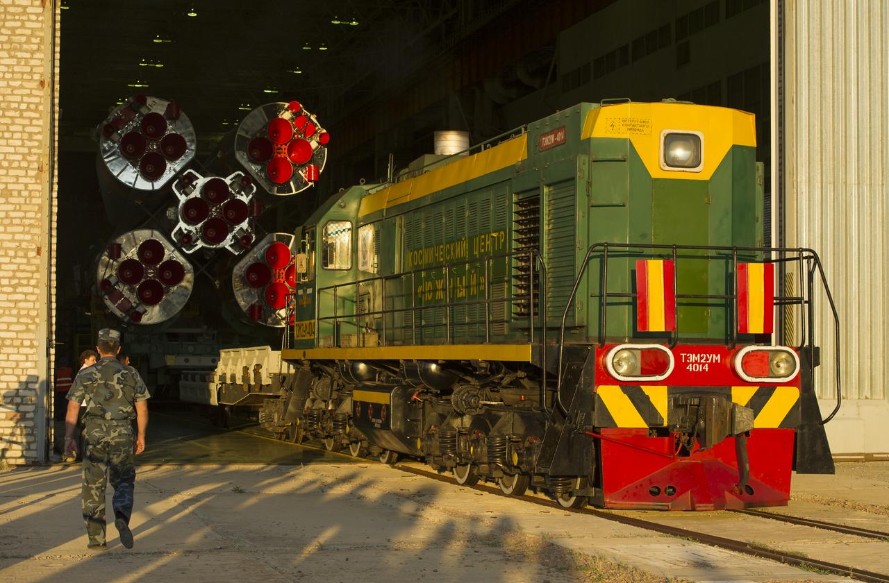 The Soyuz TMA-05M spacecraft prepares to leave its integration facility for the launch pad, Thursday, July 12, 2012 at the Baikonur Cosmodrome in Kazakhstan. The launch of the Soyuz spacecraft with Expedition 32 Soyuz Commander Yuri Malenchenko, NASA Flight Engineer Sunita Williams and JAXA (Japan Aerospace Exploration Agency) Flight Engineer Akihiko Hoshide is scheduled for the morning of Sunday, July 15, local time. Photo Credit (NASA/Carla Cioffi)