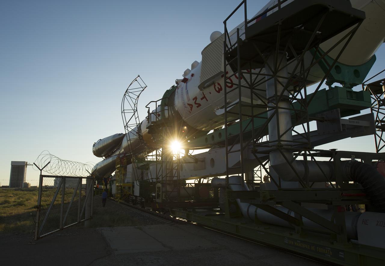 The Soyuz TMA-05M spacecraft is rolled out by train on its way to the launch pad at the Baikonur Cosmodrome in Kazakhstan, Thursday, July 12, 2012. The launch of the Soyuz spacecraft with Expedition 32 Soyuz Commander Yuri Malenchenko, NASA Flight Engineer Sunita Williams and JAXA (Japan Aerospace Exploration Agency) Flight Engineer Akihiko Hoshide is scheduled for the morning of Sunday, July 15, local time. Photo Credit (NASA/Carla Cioffi)