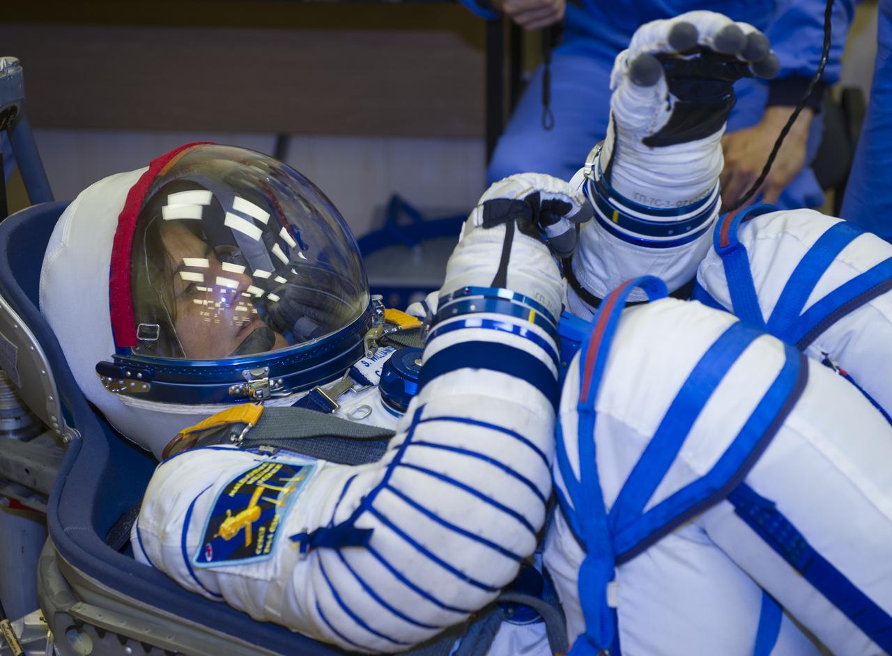 Expedition 32 NASA Flight Engineer Sunita Williams lies in a chair to have her Russian Sokol suit pressure checked in preparation for his launch onboard the Soyuz TMA-05M on Sunday, July 15, 2012 at the Baikonur Cosmodrome in Kazakhstan. The launch of the Soyuz spacecraft with Williams, Soyuz Commander Yuri Malenchenko and JAXA Flight Engineer Akihiko Hoshide is scheduled for the morning of Sunday, July 15, local time.  Photo Credit: (NASA/GCTC/Irina Peshkova)