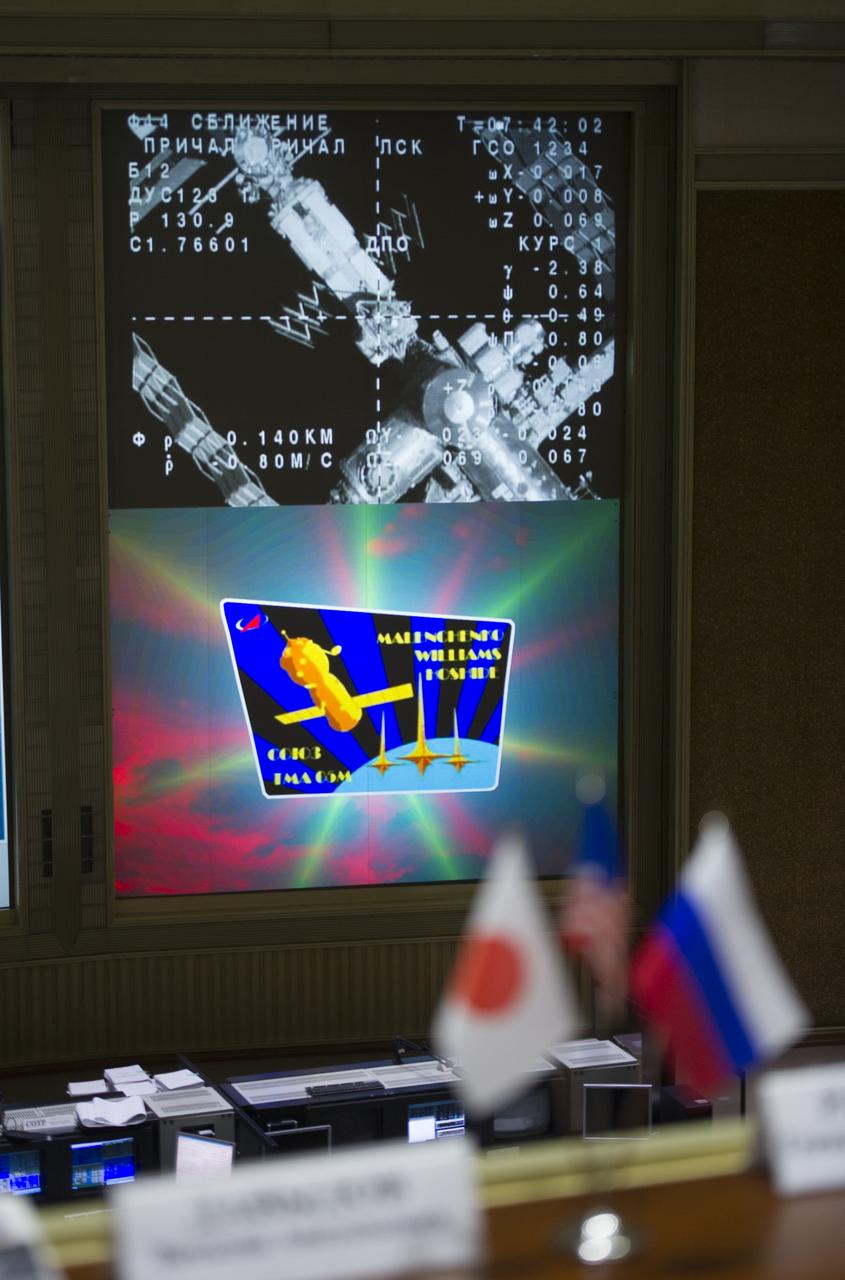 A television screen as seen from the balcony of the Russian Mission Control Center in Korolev, Russia shows the Soyuz TMA-05M as it docks to the International Space Station on Tuesday, July 17, 2012. Onboard the soyuz spacecraft are Expedition 32 Soyuz Commander Yuri Malenchenko, NASA Flight Engineer Sunita Williams, and JAXA Flight Engineer Akihiko Hoshide.  The crew of three launched at 8:40 a.m. Kazakhstan time on Tuesday, July 15 from the Baikonur Cosmodrome in Kazakhstan.  Photo Credit: (NASA/Carla Cioffi)
