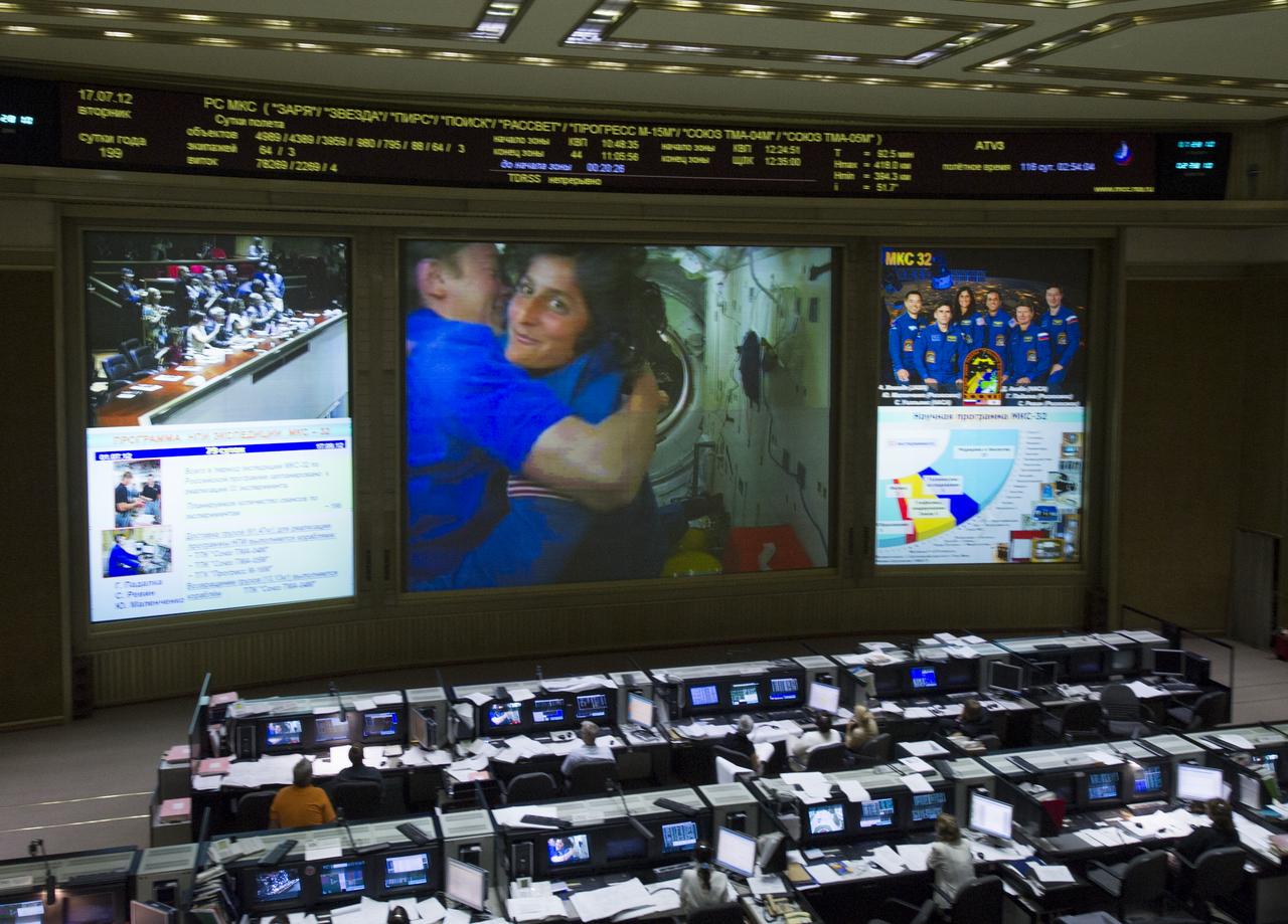 Expedition 32 Flight Engineer Sunita Williams is seen on the TV screen at the Russian Mission Control Center in Korolev, Russia a few hours after the Soyuz TMA-05M docked to the International Space Station on Tuesday, July 17, 2012.  Williams boarded the ISS with fellow crew members Soyuz Commander Yuri Malenchenko and JAXA Flight Engineer Akihiko Hoshide. The crew of three launched at 8:40 a.m. Kazakhstan time on Sunday, July 15 from the Baikonur Cosmodrome in Kazakhstan.  Photo Credit: (NASA/Carla Cioffi)