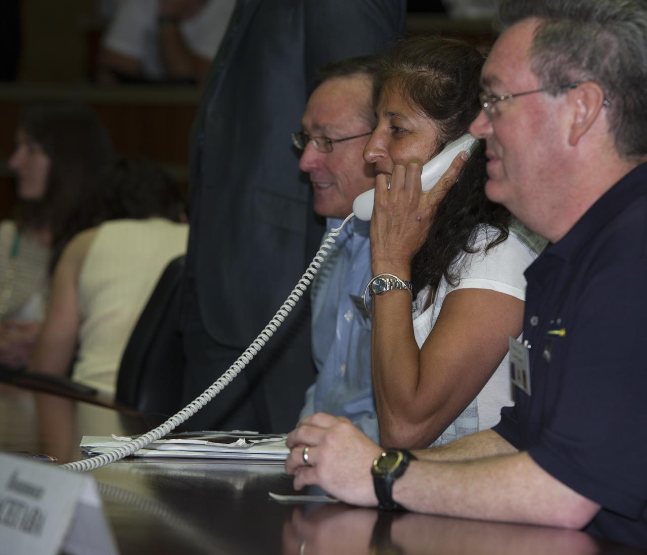 Dina Pandya, Expedition 32 Flight Engineer Sunita Williams’ sister, says hello after her arrival to the International Space Station on Tuesday, July 17, 2012 at the Russian Mission Control Center in Korolev, Russia. The Soyuz docked to the International Space Station with Williams and fellow crew members Soyuz Commander Yuri Malenchenko and JAXA Flight Engineer Akihiko Hoshide two days after they launched from the Baikonur Cosmodrome in Kazakhstan.  Photo Credit: (NASA/Carla Cioffi)