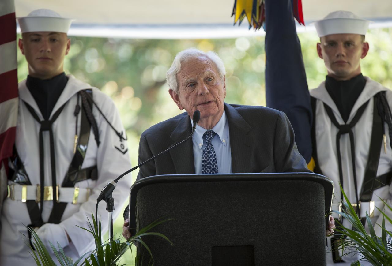 Businessman and friend of Neil Armstrong, Charles Mechem, speaks during a memorial service celebrating the life of Armstrong, Friday, Aug. 31, 2012, at the Camargo Club in Cincinnati. Armstrong, the first man to walk on the moon during the 1969 Apollo 11 mission, died Saturday, Aug. 25. He was 82. Photo Credit: (NASA/Bill Ingalls)