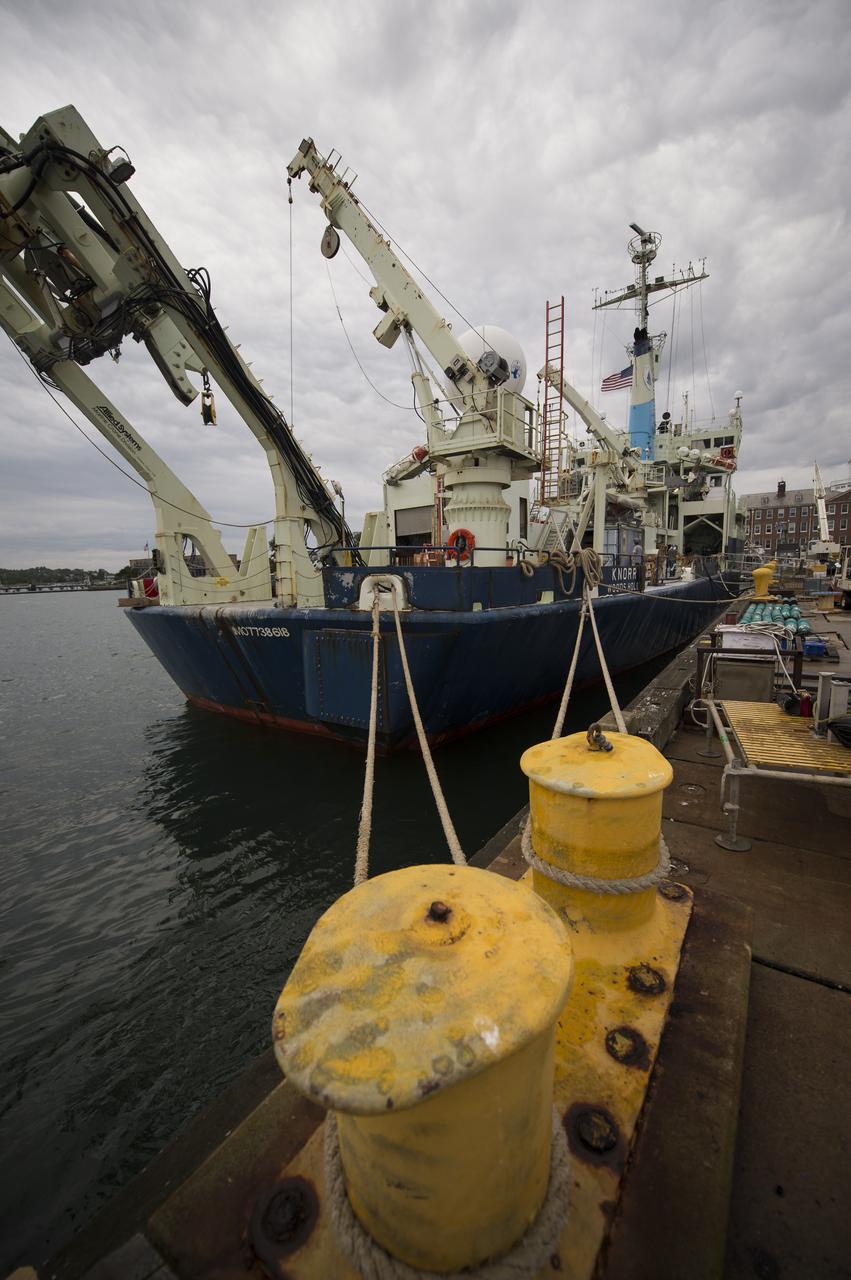 The Woods Hole Oceanographic Institution's research vessel Knorr is seen docked on Tuesday, Sept. 4, 2012, in Woods Hole, Mass. Knorr is scheduled to depart on Sept. 6 to take part in the Salinity Processes in the Upper Ocean Regional Study (SPURS). The NASA-sponsored expedition will sail to the North Atlantic's saltiest spot to get a detailed, 3-D picture of how salt content fluctuates in the ocean's upper layers and how these variations are related to shifts in rainfall patterns around the planet. Photo Credit: (NASA/Bill Ingalls)