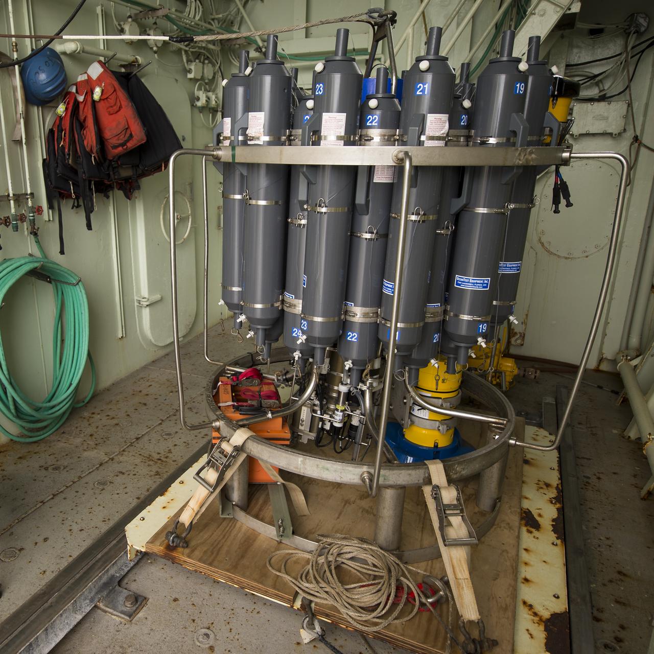 A Rosette water sampler system that will be used during the Salinity Processes in the Upper Ocean Regional Study (SPURS) is seen onboard the Woods Hole Oceanographic Institution's research vessel Knorr on Tuesday, Sept. 4, 2012, in Woods Hole, Mass. Knorr is scheduled to depart for the NASA-sponsored expedition on Sept. 6 and will head into the North Atlantic's saltiest spot to get a detailed, 3-D picture of how salt content fluctuates in the ocean's upper layers and how these variations are related to shifts in rainfall patterns around the planet. Photo Credit: (NASA/Bill Ingalls)