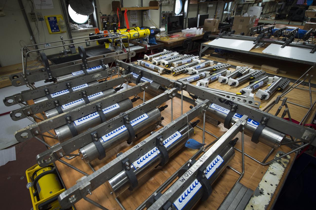 A full suite of instruments are seen onboard the the Woods Hole Oceanographic Institution research vessel Knorr on Tuesday, Sept. 4, 2012, in Woods Hole, Mass. The various instruments will be deployed in the Atlantic Ocean as part of the Salinity Processes in the Upper Ocean Regional Study (SPURS) which is set to sail on Sept. 6. The NASA-sponsored expedition will sail to the North Atlantic's saltiest spot to get a detailed, 3-D picture of how salt content fluctuates in the ocean's upper layers and how these variations are related to shifts in rainfall patterns around the planet. Photo Credit: (NASA/Bill Ingalls)