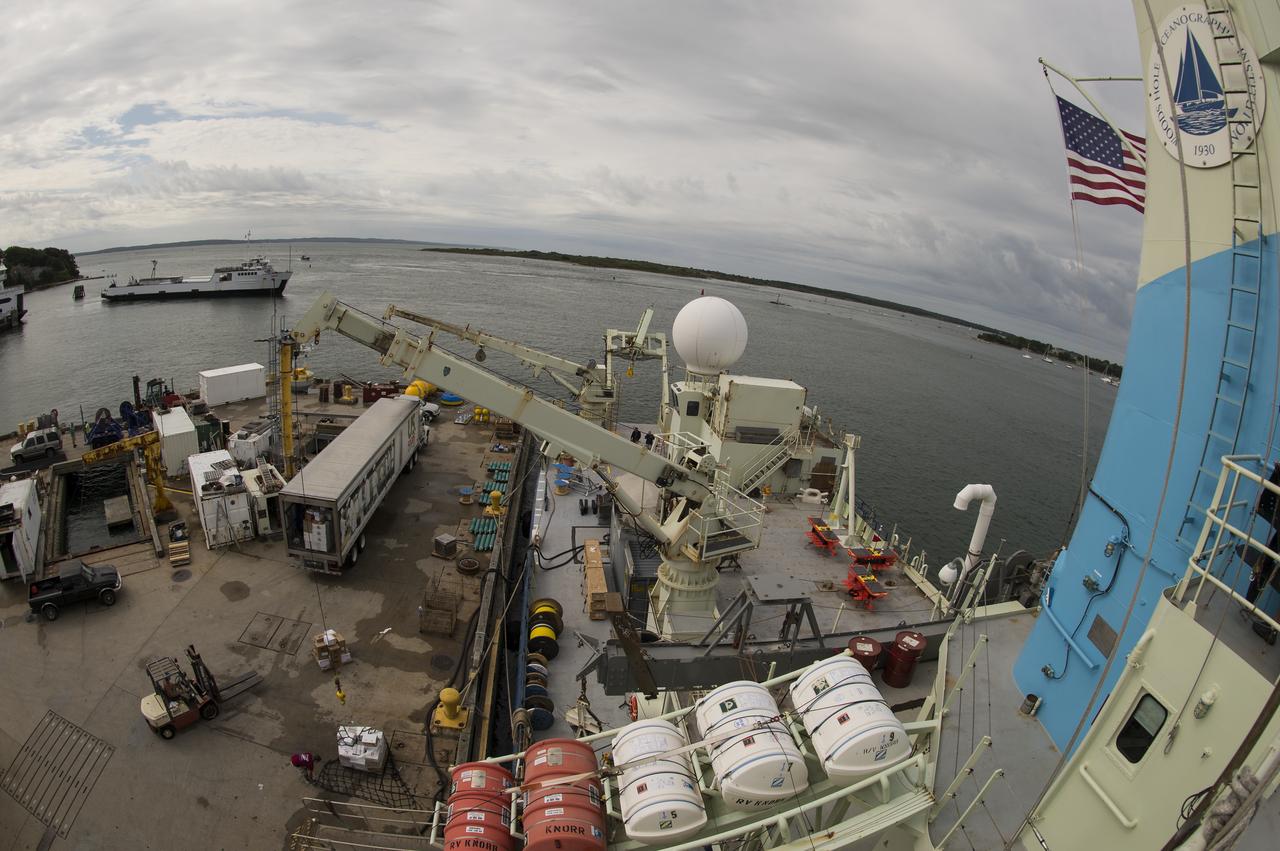 Food and supplies are loaded onboard the Woods Hole Oceanographic Institution's research vessel Knorr on Tuesday, Sept. 4, 2012, in Woods Hole, Mass.  Knorr is scheduled to depart on Sept. 6 to take part in the Salinity Processes in the Upper Ocean Regional Study (SPURS).  The NASA-sponsored expedition will sail to the North Atlantic's saltiest spot to get a detailed, 3-D picture of how salt content fluctuates in the ocean's upper layers and how these variations are related to shifts in rainfall patterns around the planet.  Photo Credit: (NASA/Bill Ingalls)