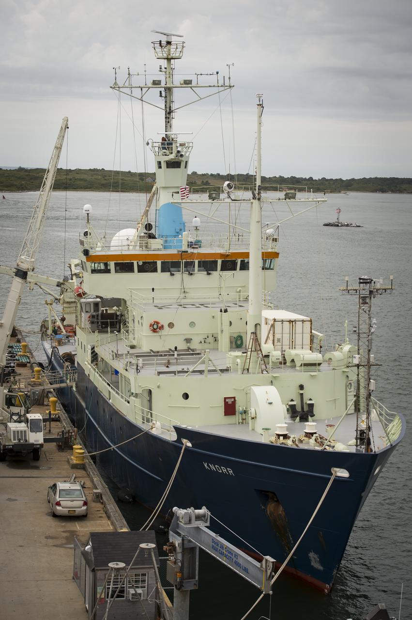 The Woods Hole Oceanographic Institution's research vessel Knorr is seen docked on Tuesday, Sept. 4, 2012, in Woods Hole, Mass. Knorr is scheduled to depart on Sept. 6 to take part in the Salinity Processes in the Upper Ocean Regional Study (SPURS). The NASA-sponsored expedition will sail to the North Atlantic's saltiest spot to get a detailed, 3-D picture of how salt content fluctuates in the ocean's upper layers and how these variations are related to shifts in rainfall patterns around the planet. Photo Credit: (NASA/Bill Ingalls)