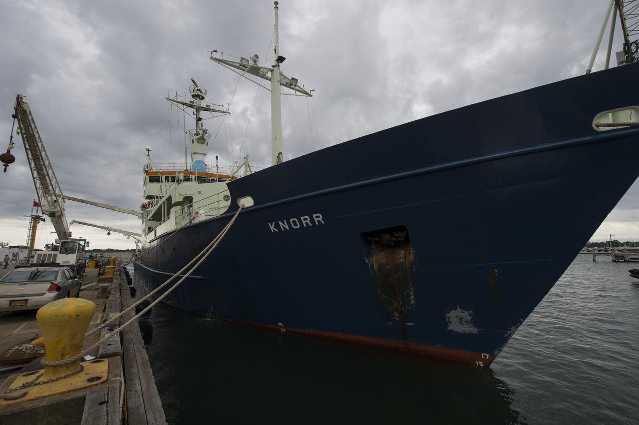 The Woods Hole Oceanographic Institution's research vessel Knorr is seen docked on Tuesday, Sept. 4, 2012, in Woods Hole, Mass. Knorr is scheduled to depart on Sept. 6 to take part in the Salinity Processes in the Upper Ocean Regional Study (SPURS). The NASA-sponsored expedition will sail to the North Atlantic's saltiest spot to get a detailed, 3-D picture of how salt content fluctuates in the ocean's upper layers and how these variations are related to shifts in rainfall patterns around the planet. Photo Credit: (NASA/Bill Ingalls)