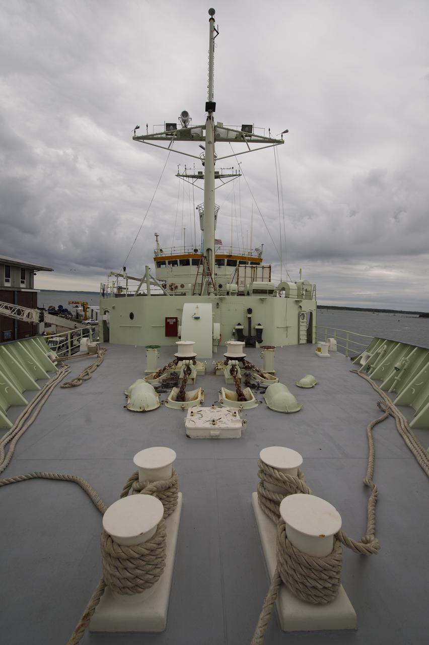 The top bow deck of the Woods Hole Oceanographic Institution's research vessel Knorr is seen on Tuesday, Sept. 4, 2012, in Woods Hole, Mass.  Knorr is scheduled to depart on Sept. 6 to take part in the Salinity Processes in the Upper Ocean Regional Study (SPURS).  The NASA-sponsored expedition will sail to the North Atlantic's saltiest spot to get a detailed, 3-D picture of how salt content fluctuates in the ocean's upper layers and how these variations are related to shifts in rainfall patterns around the planet.  Photo Credit: (NASA/Bill Ingalls)