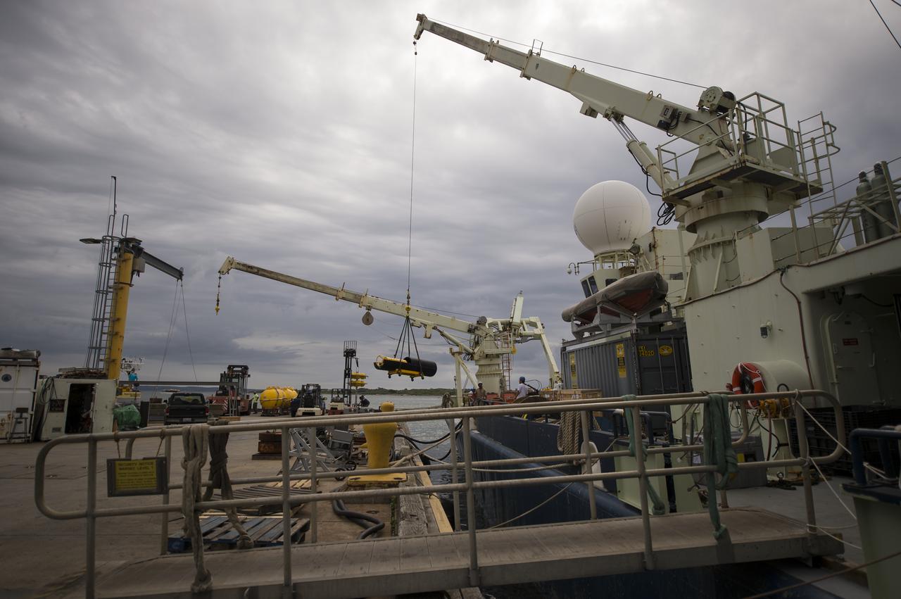 Scientific instruments are loaded onboard the Woods Hole Oceanographic Institution's research vessel Knorr on Tuesday, Sept. 4, 2012, in Woods Hole, Mass. Knorr is scheduled to depart on Sept. 6 to take part in the Salinity Processes in the Upper Ocean Regional Study (SPURS). The NASA-sponsored expedition will sail to the North Atlantic's saltiest spot to get a detailed, 3-D picture of how salt content fluctuates in the ocean's upper layers and how these variations are related to shifts in rainfall patterns around the planet. Photo Credit: (NASA/Bill Ingalls)
