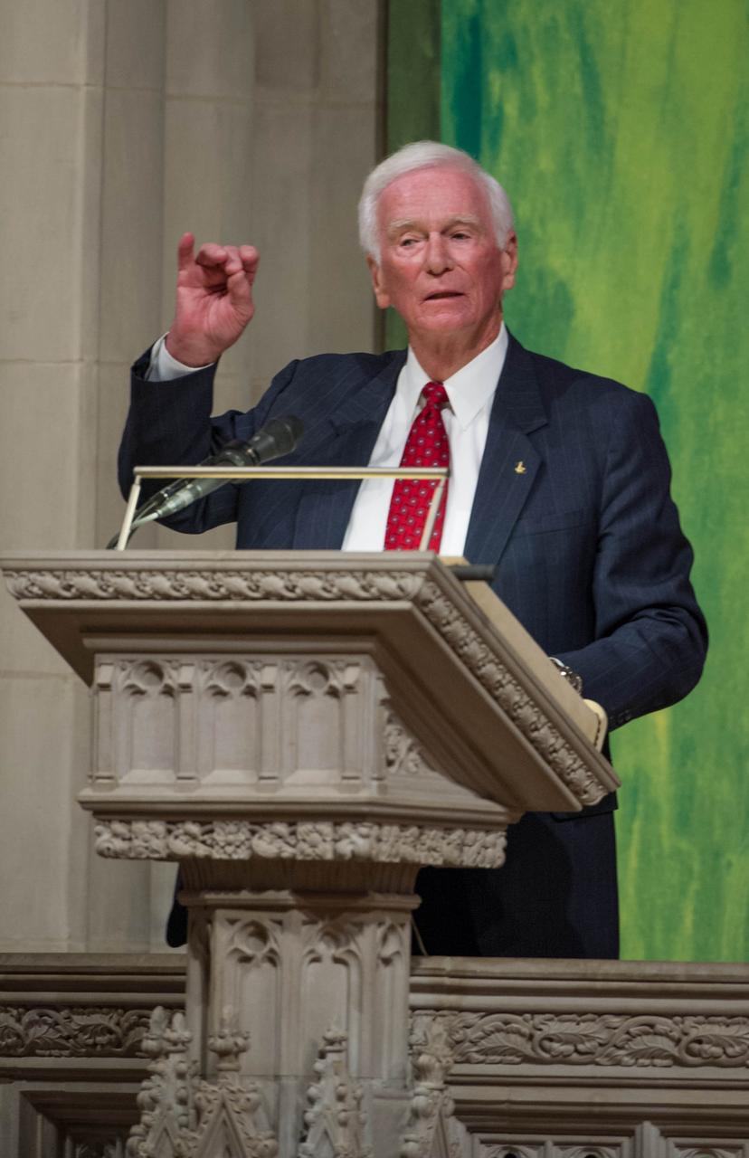Apollo 17 astronaut Gene Cernan, the last man to walk on the moon, speaks during a memorial service celebrating the life of Neil Armstrong at the Washington National Cathedral, Thursday, Sept. 13, 2012. Armstrong, the first man to walk on the moon during the 1969 Apollo 11 mission, died Saturday, Aug. 25. He was 82. Photo Credit: (NASA/Paul E. Alers)