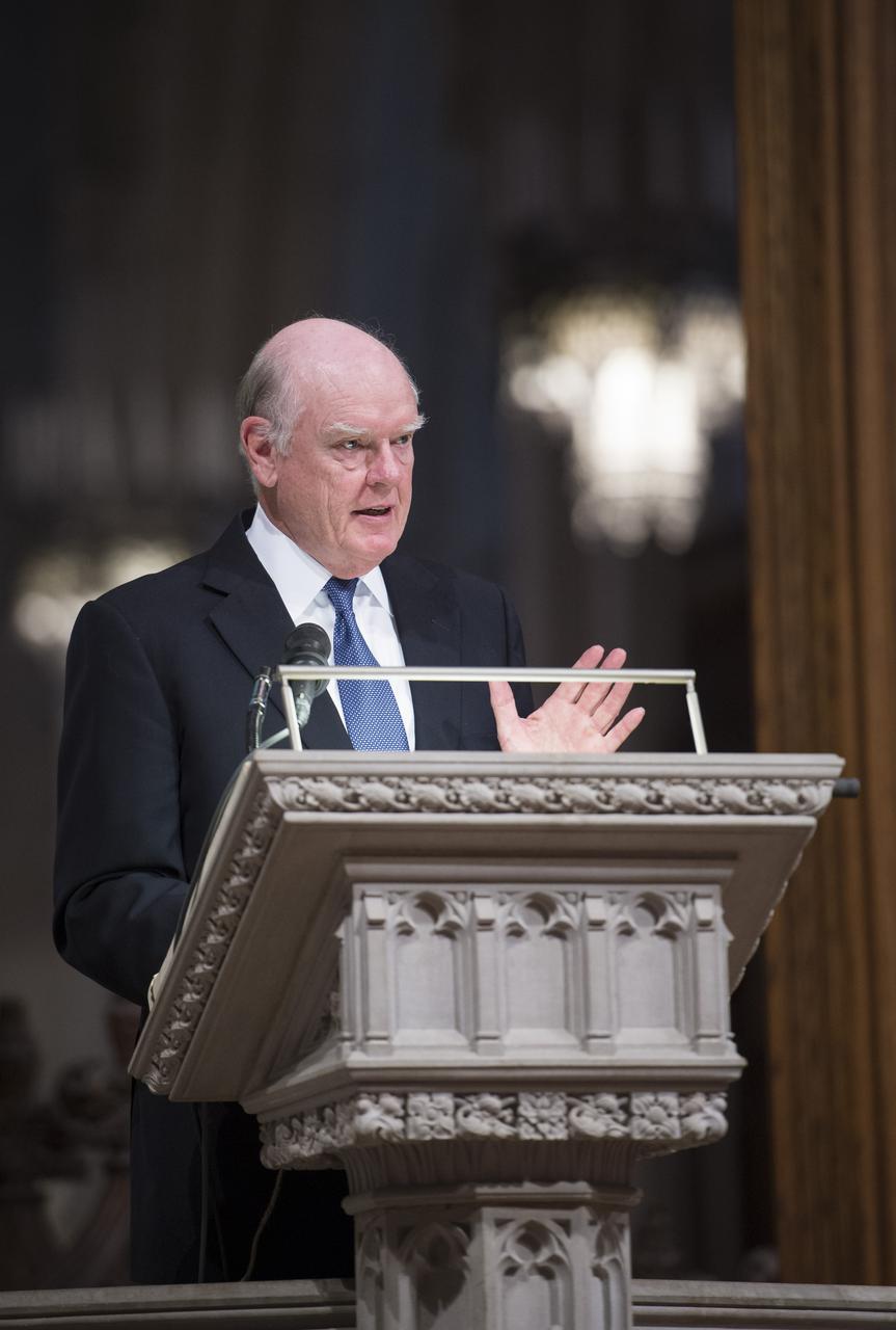 Former Secretary of the Treasury John Snow speaks during a memorial service celebrating the life of Neil Armstrong at the Washington National Cathedral, Thursday, Sept. 13, 2012. Armstrong, the first man to walk on the moon during the 1969 Apollo 11 mission, died Saturday, Aug. 25. He was 82. Photo Credit:  (NASA/Bill Ingalls)