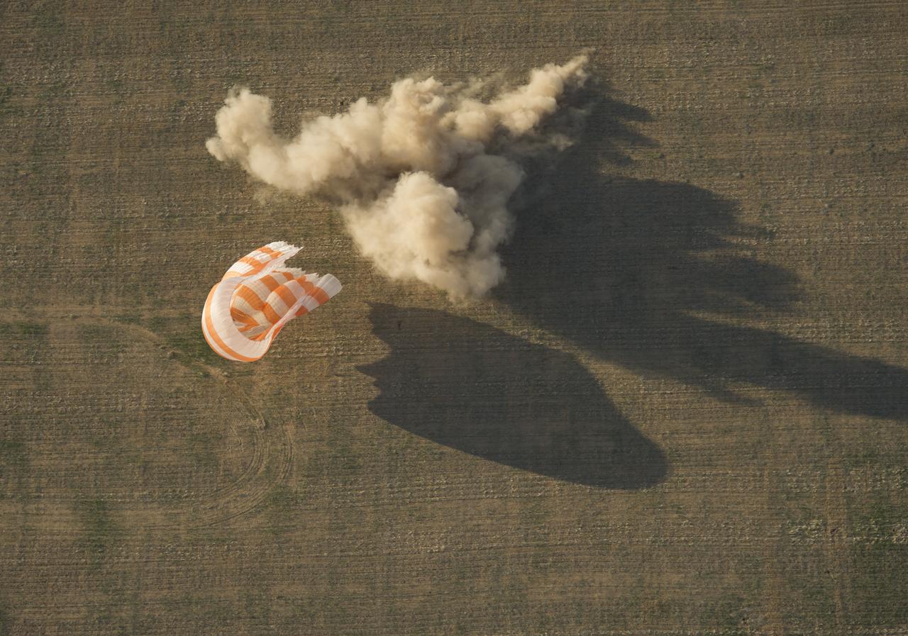 The Soyuz TMA-04M spacecraft is seen as it lands with Expedition 32 Commander Gennady Padalka of Russia, NASA Flight Engineer Joe Acaba and Russian Flight Engineer Sergei Revin in a remote area near the town of Arkalyk, Kazakhstan, on Monday, September 17, 2012.  Padalka, Acaba and Revin returned from five months onboard the International Space Station where they served as members of the Expedition 31 and 32 crews. Photo Credit:  (NASA/Carla Cioffi)