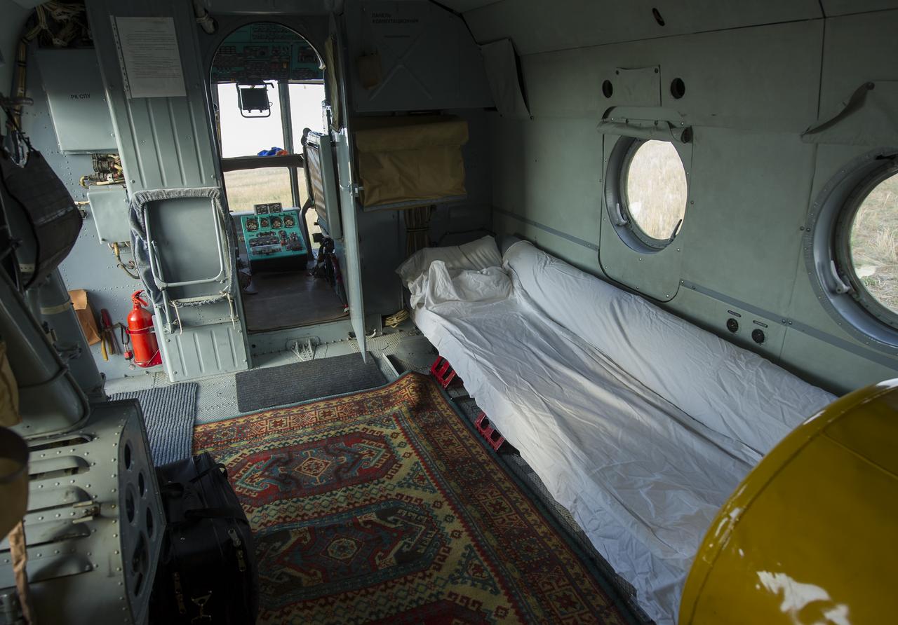 A view inside inside the Russian Search and Rescue helicopter that will carry Expedition 32 Flight Engineer Joe Acaba from the Soyuz TMA-04M landing site in a remote area outside Arkalyk, Kazakhstan to Kostanay, Kazakhstan shortly after he and Expedition 32 Commander Gennady Padalka and Flight Engineer Sergei Revin returned from the International Space Station on Monday, Sept. 17, 2012. Acaba, Padalka and Revin returned from five months onboard the International Space Station where they served as members of the Expedition 31 and 32 crews.  Photo Credit: (NASA/Carla Cioffi)