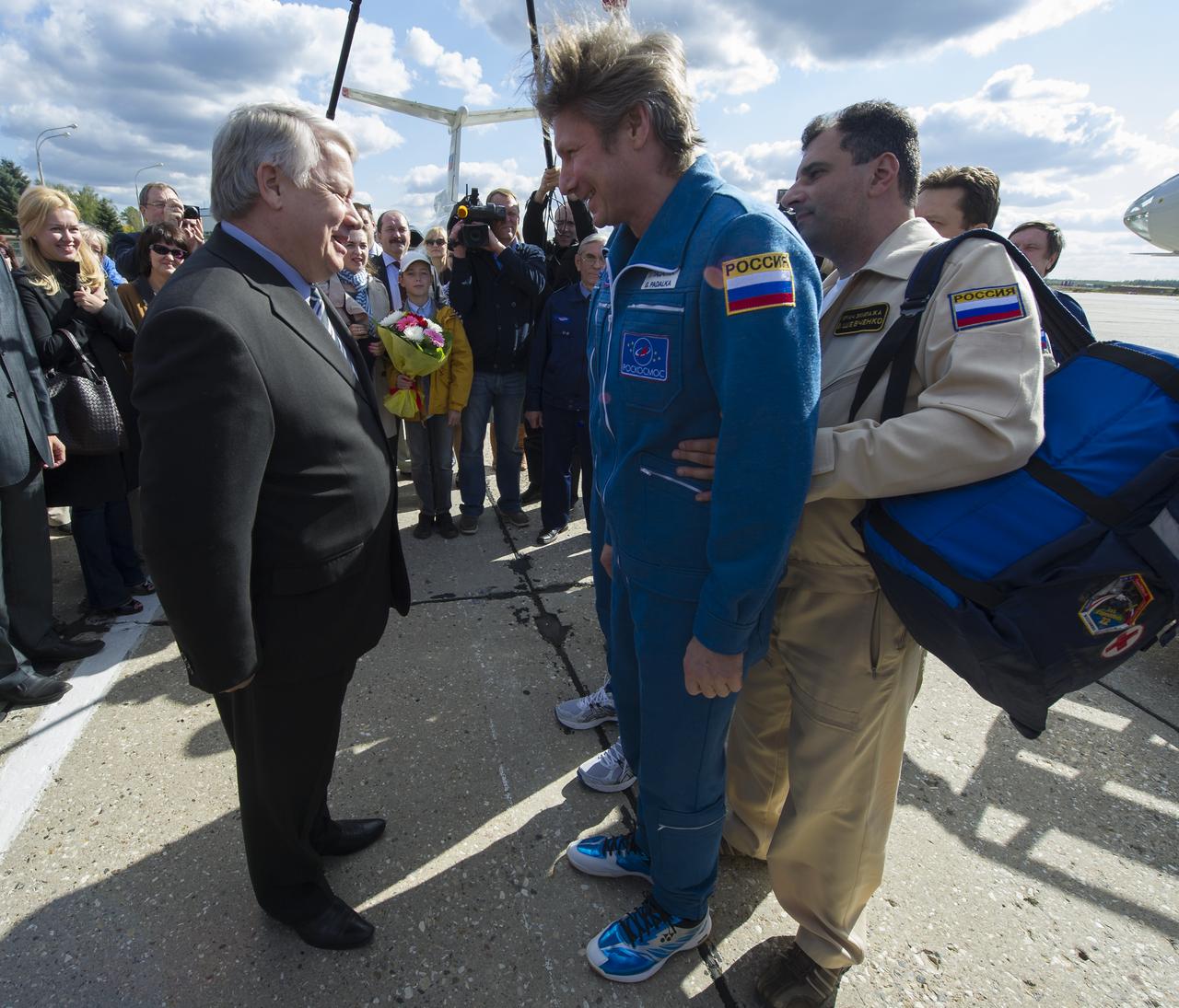 Expedition 32 Commander is welcomed home upon his arrival in Star City, Monday, Sept. 17, 2012 in Russia.  Padalka, NASA Flight Engineer Joe Acaba and Russian Flight Engineer Sergei Revin landed in their Soyuz TMA-04M earlier that day in a remote area outside of Arkalyk, Kazakhstan.  They returned home from five months onboard the International Space Station where they served as members of the Expedition 31 and 32 crews.  Photo Credit: (NASA/Carla Cioffi)